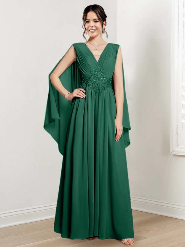 V-Neck A-Line Princess Floor-Length Dresses for the Mother of the Bride-27prom
