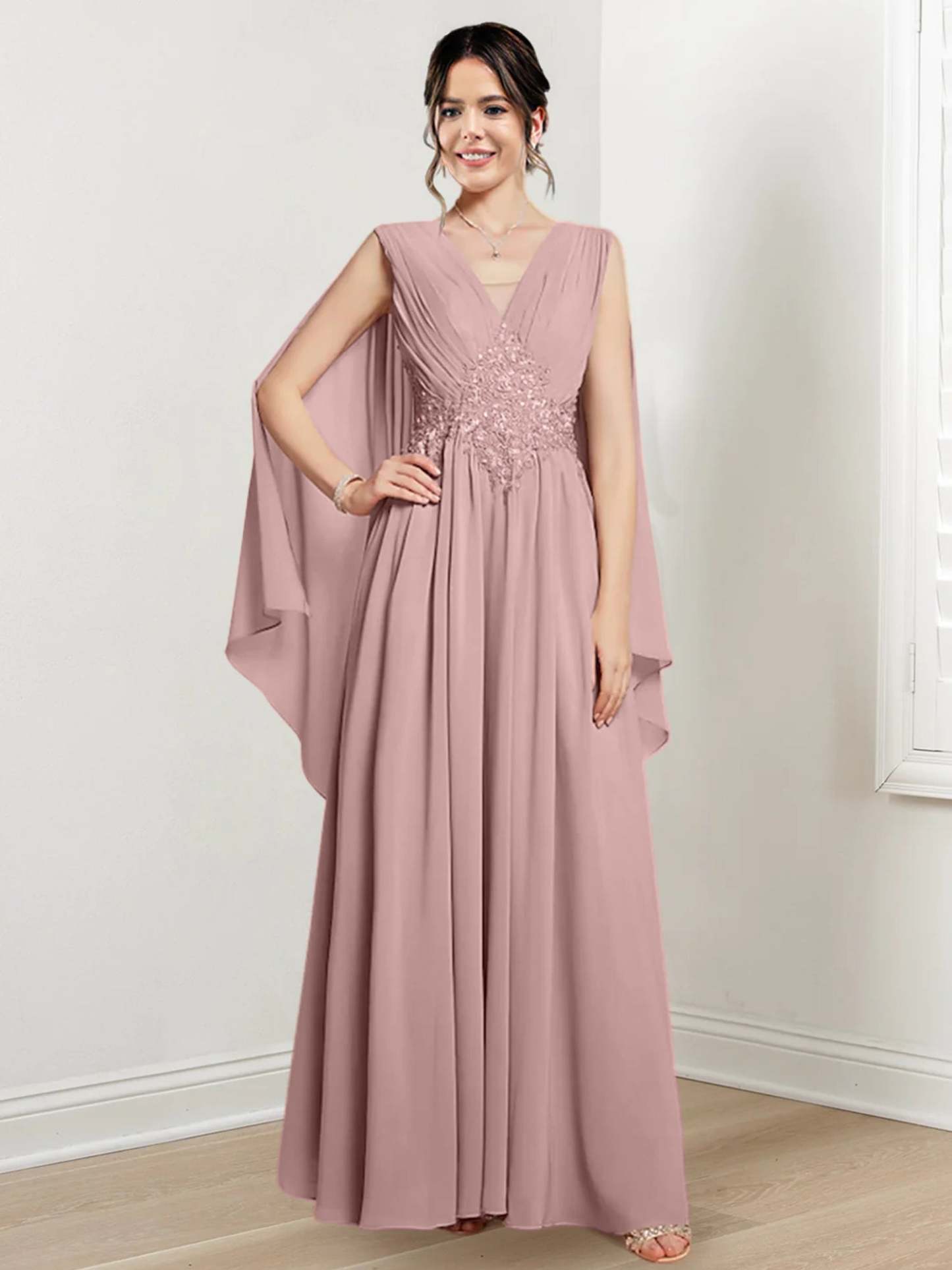 V-Neck A-Line Princess Floor-Length Dresses for the Mother of the Bride-27prom