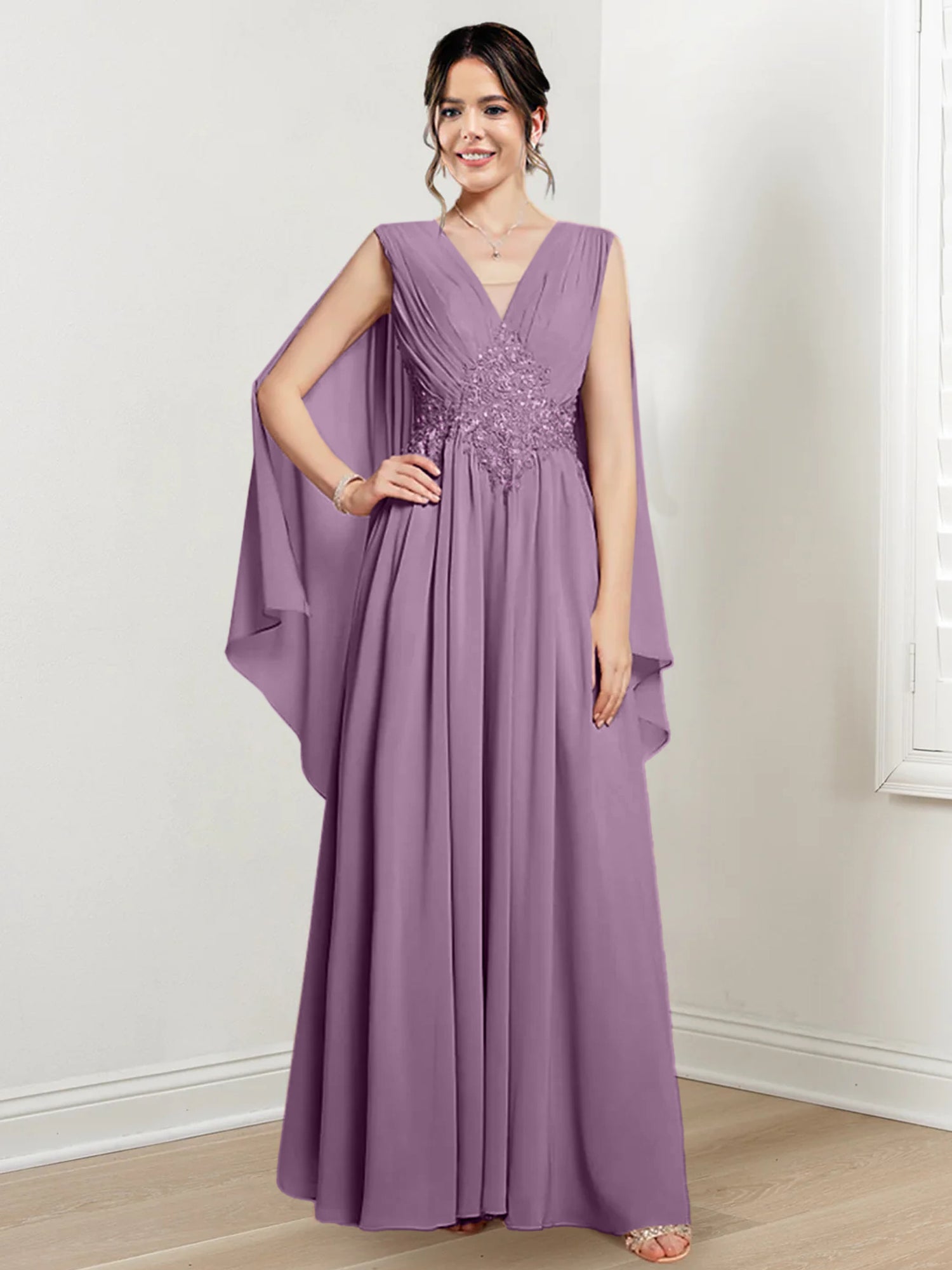 V-Neck A-Line Princess Floor-Length Dresses for the Mother of the Bride-27prom