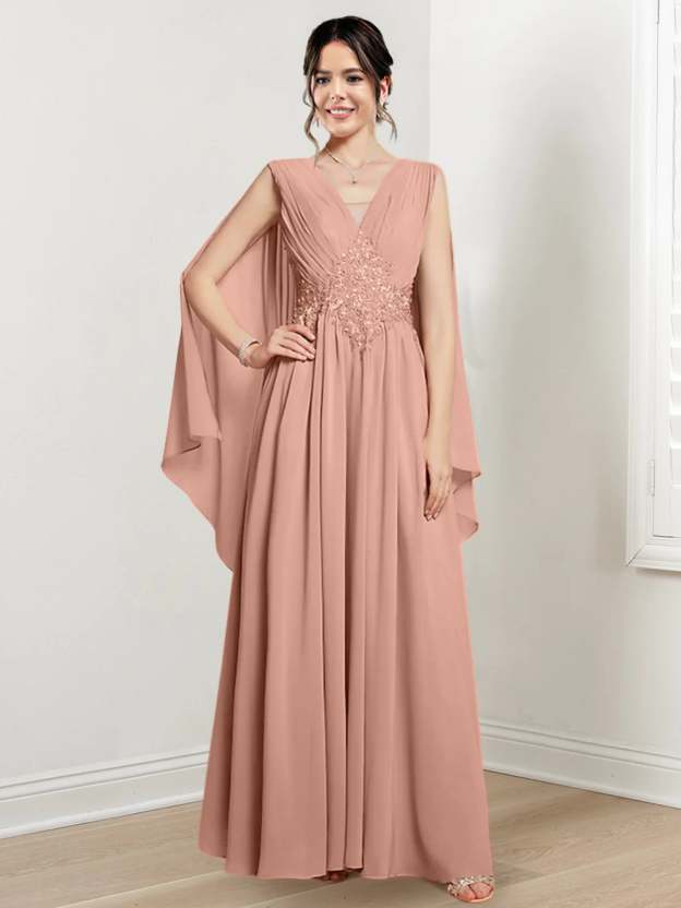 V-Neck A-Line Princess Floor-Length Dresses for the Mother of the Bride-27prom