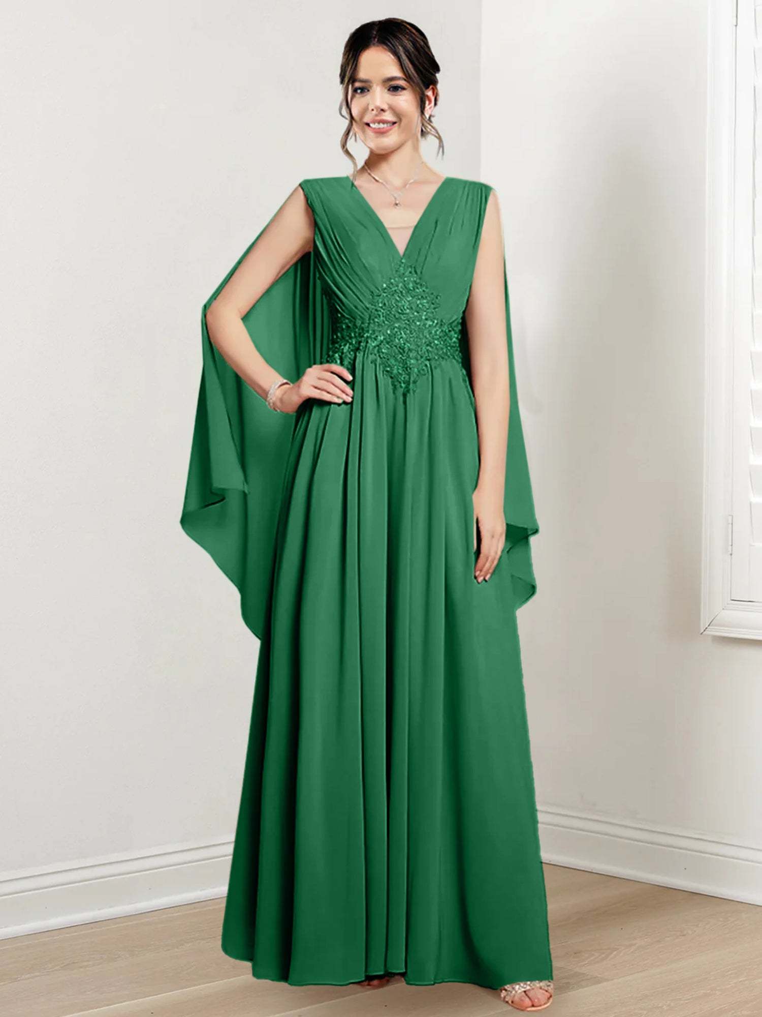 V-Neck A-Line Princess Floor-Length Dresses for the Mother of the Bride-27prom