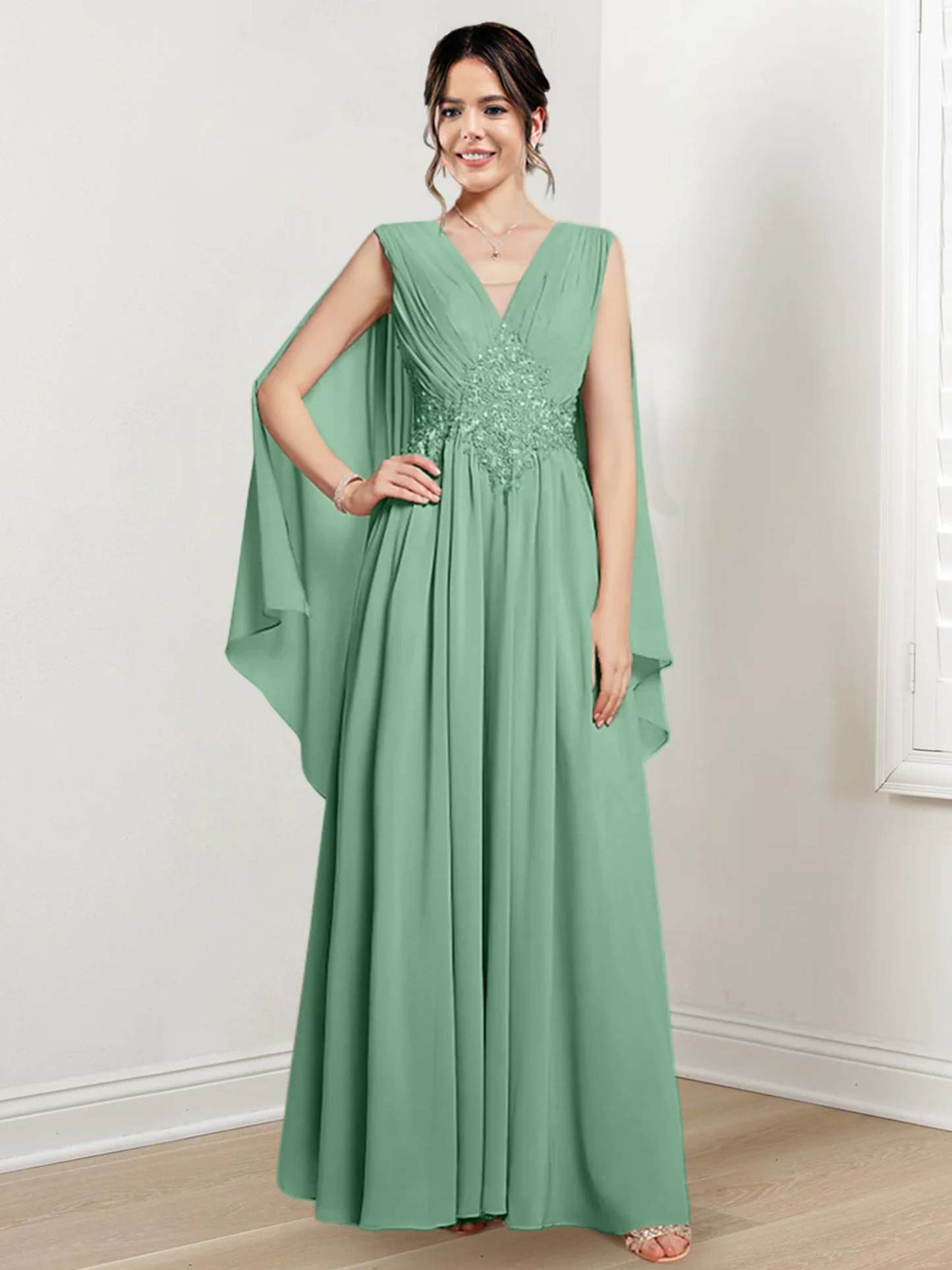 V-Neck A-Line Princess Floor-Length Dresses for the Mother of the Bride-27prom
