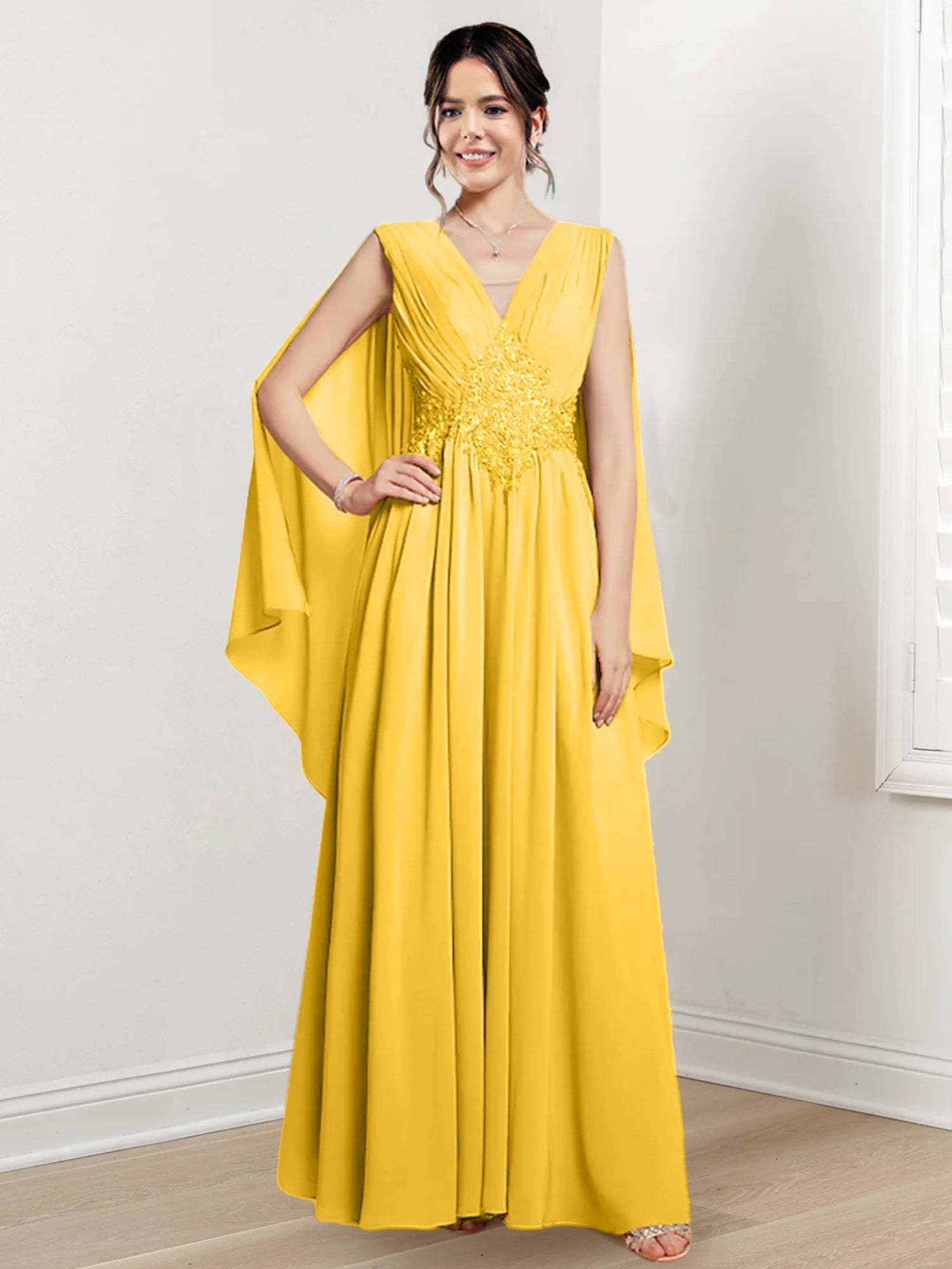 V-Neck A-Line Princess Floor-Length Dresses for the Mother of the Bride-27prom