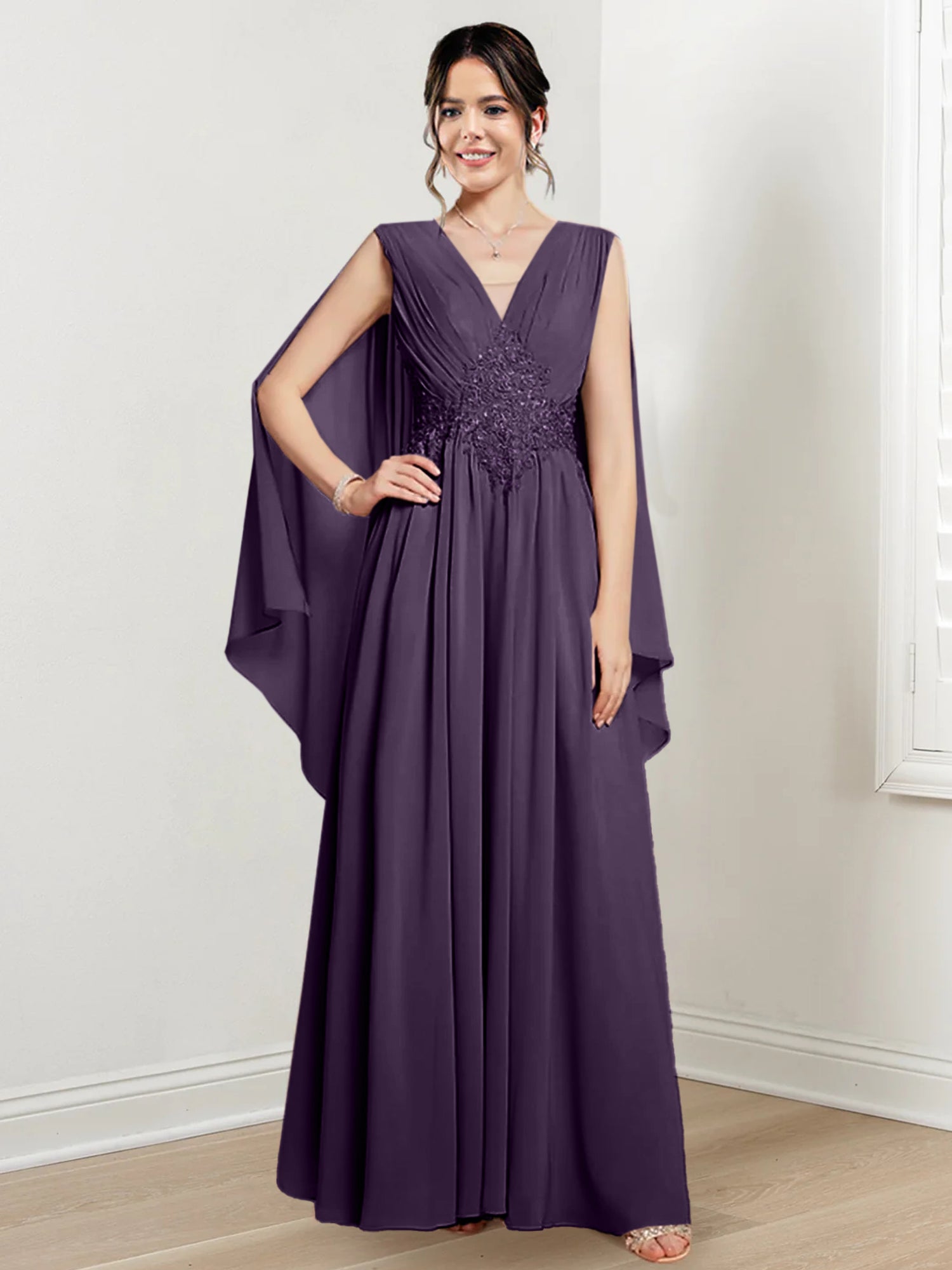 V-Neck A-Line Princess Floor-Length Dresses for the Mother of the Bride-27prom
