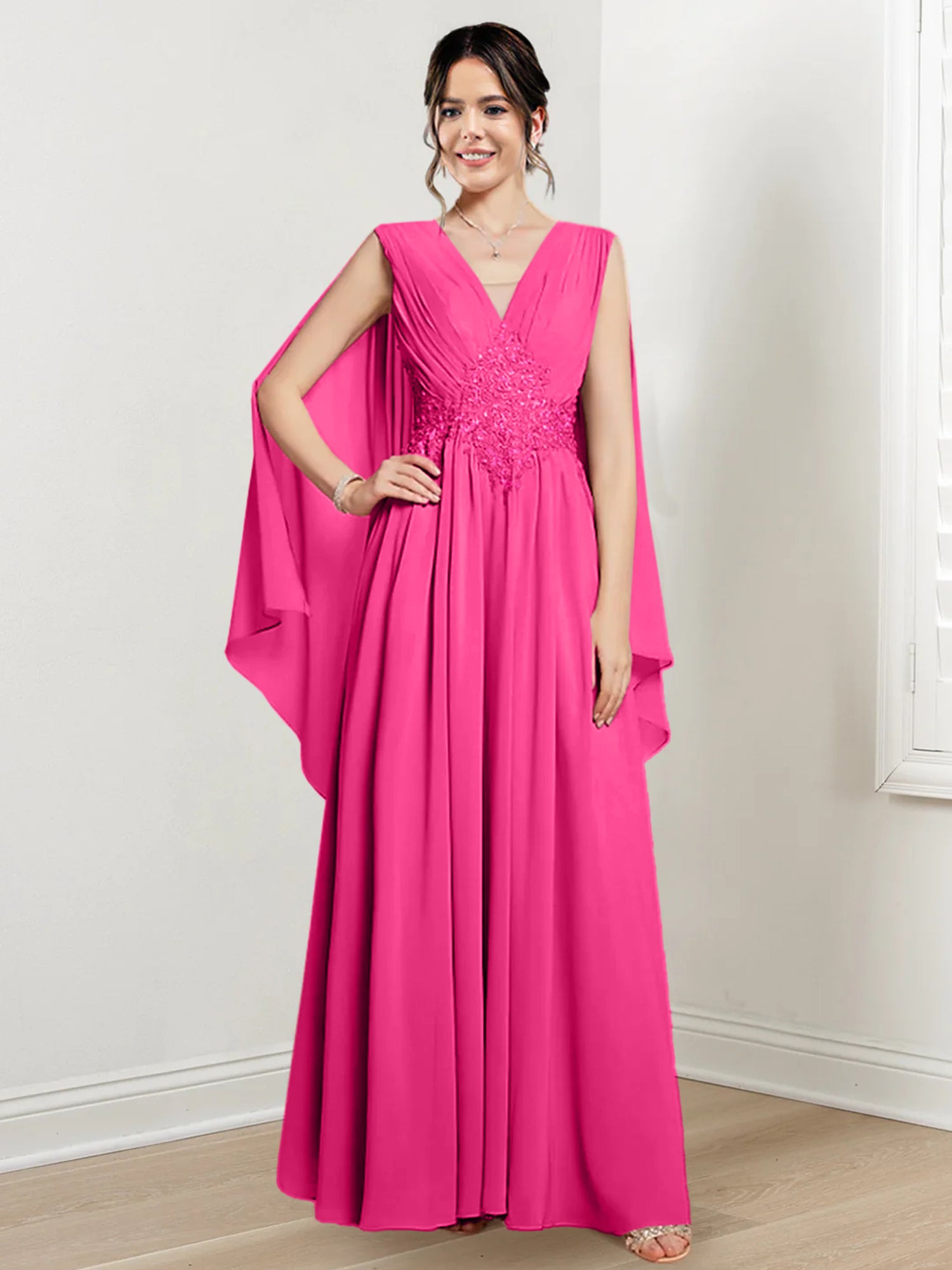 V-Neck A-Line Princess Floor-Length Dresses for the Mother of the Bride-27prom
