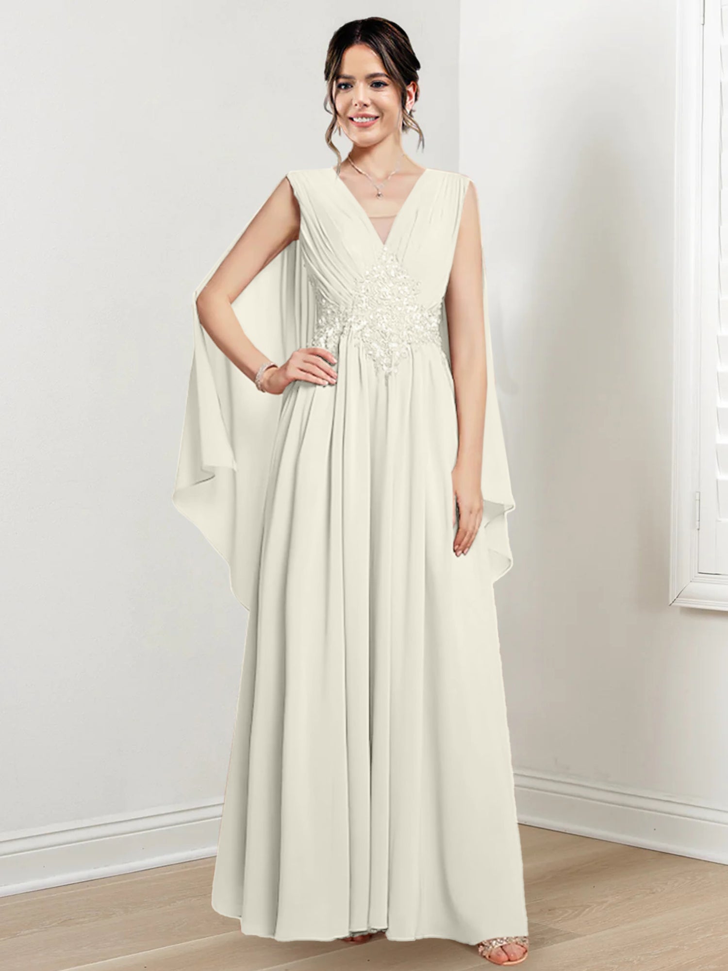 V-Neck A-Line Princess Floor-Length Dresses for the Mother of the Bride-27prom