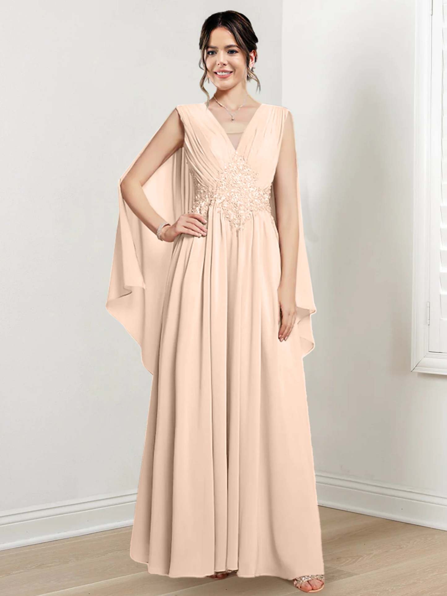 V-Neck A-Line Princess Floor-Length Dresses for the Mother of the Bride-27prom