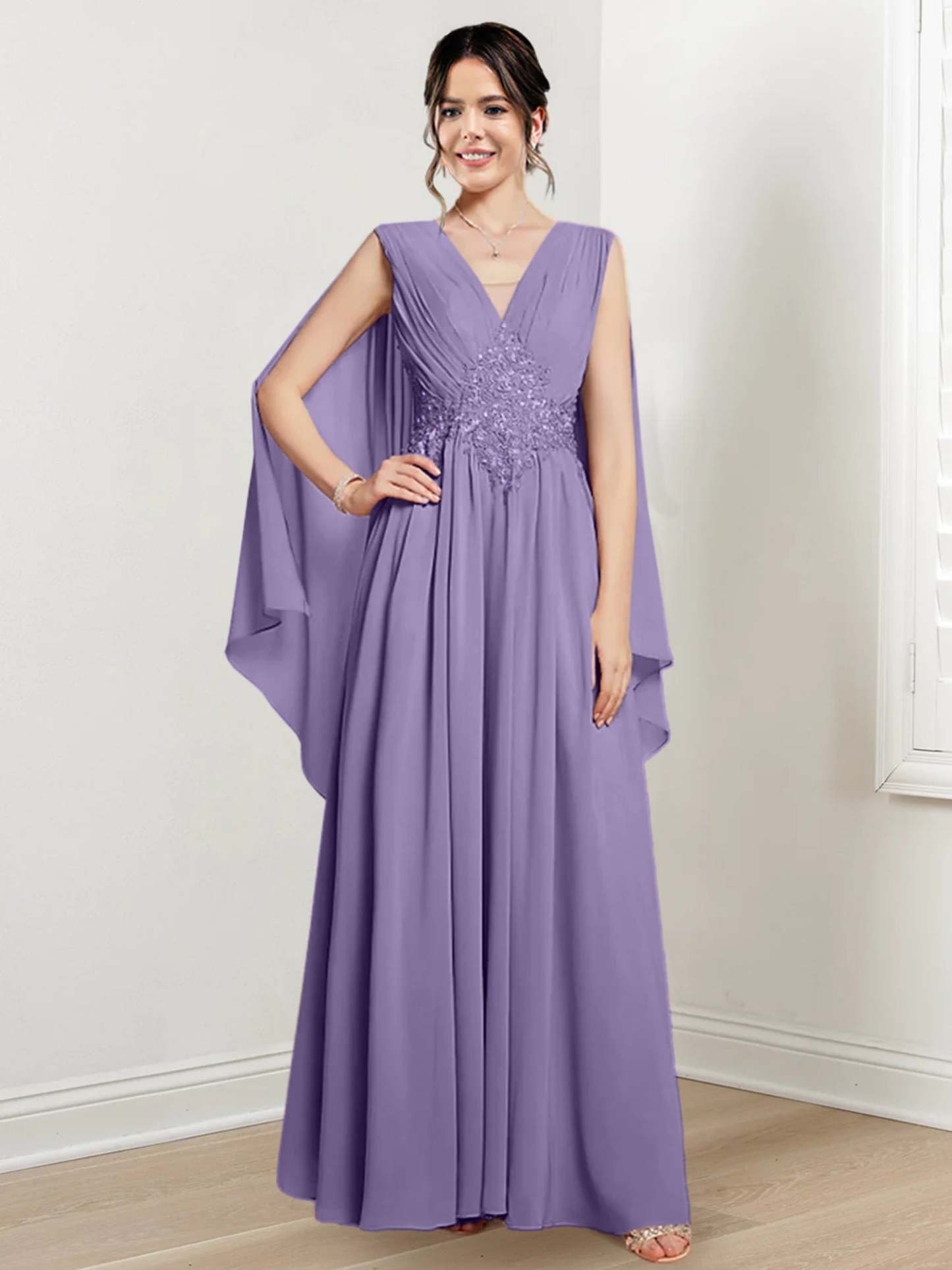 V-Neck A-Line Princess Floor-Length Dresses for the Mother of the Bride-27prom