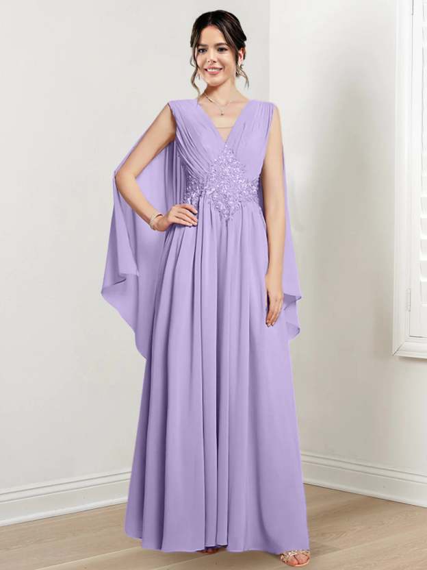 V-Neck A-Line Princess Floor-Length Dresses for the Mother of the Bride-27prom