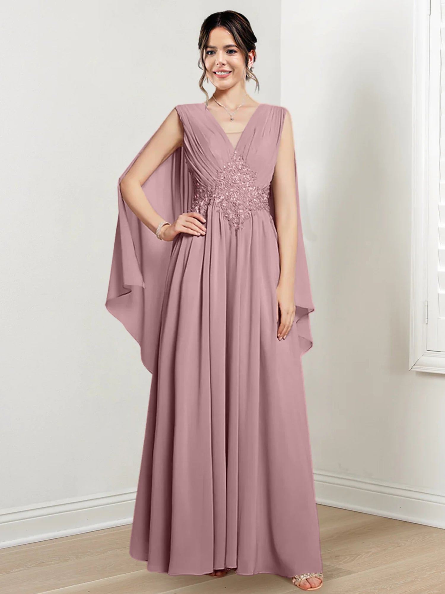 V-Neck A-Line Princess Floor-Length Dresses for the Mother of the Bride-27prom