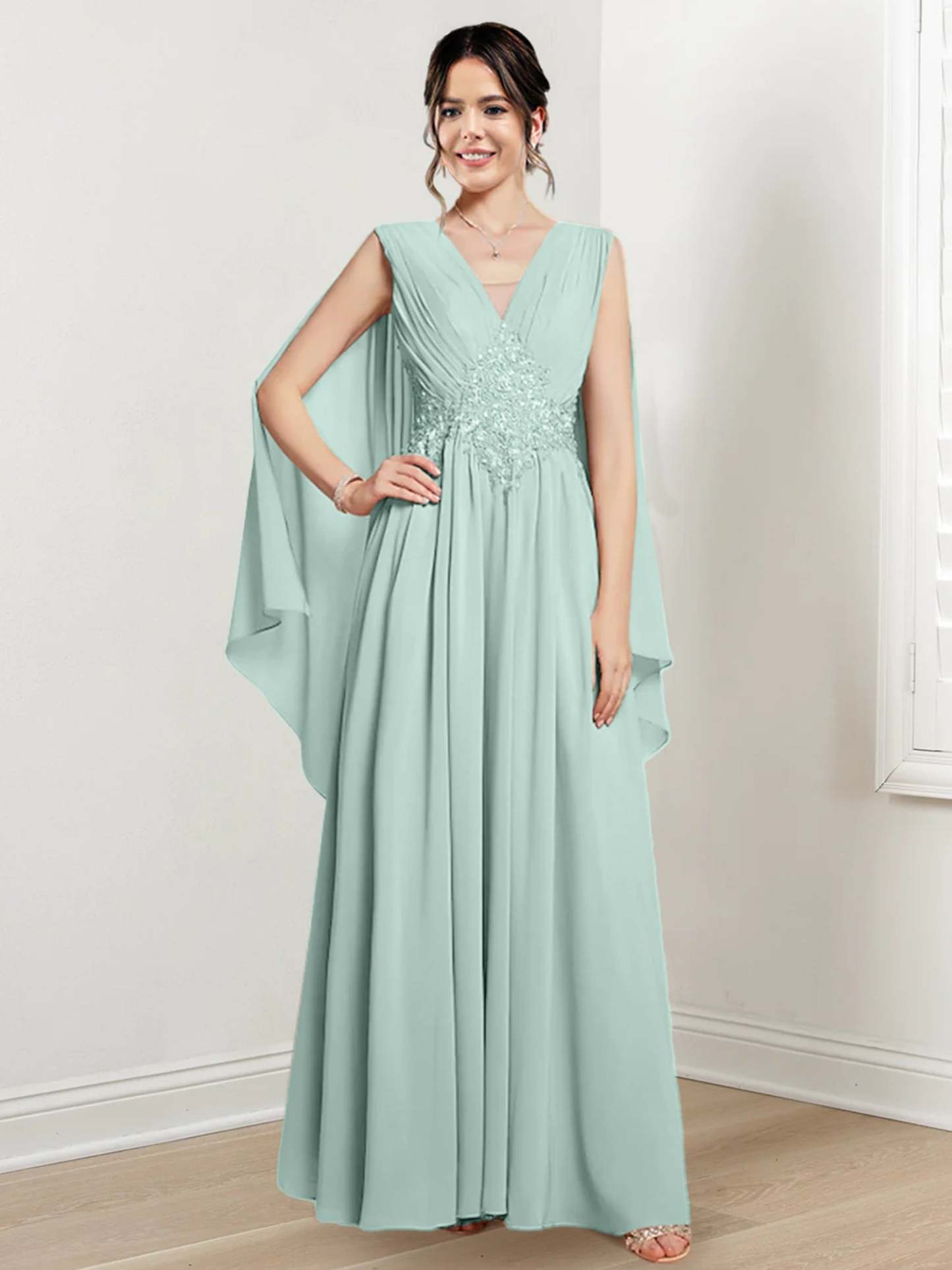V-Neck A-Line Princess Floor-Length Dresses for the Mother of the Bride-27prom