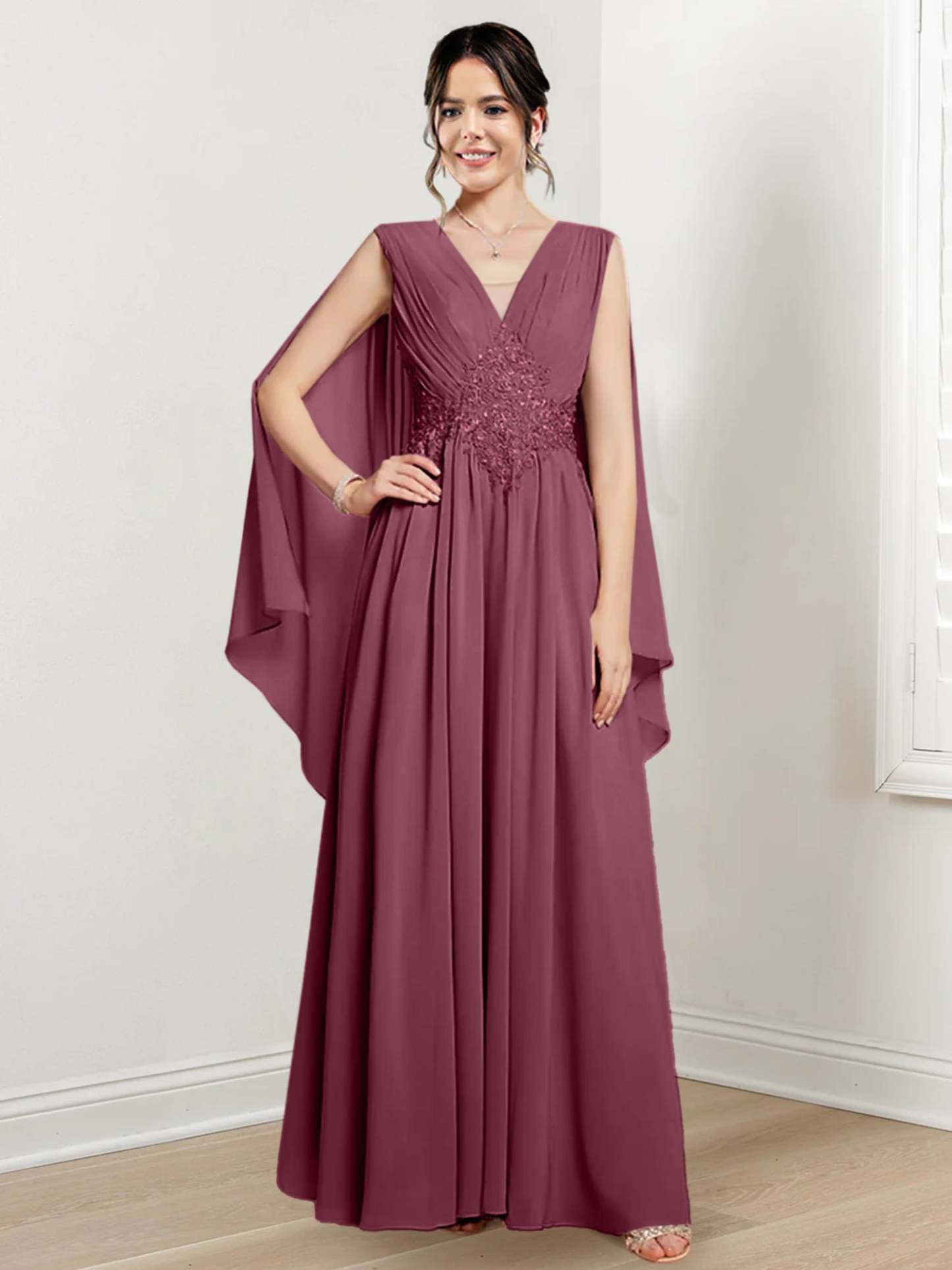 V-Neck A-Line Princess Floor-Length Dresses for the Mother of the Bride-27prom