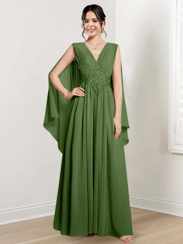 V-Neck A-Line Princess Floor-Length Dresses for the Mother of the Bride-27prom