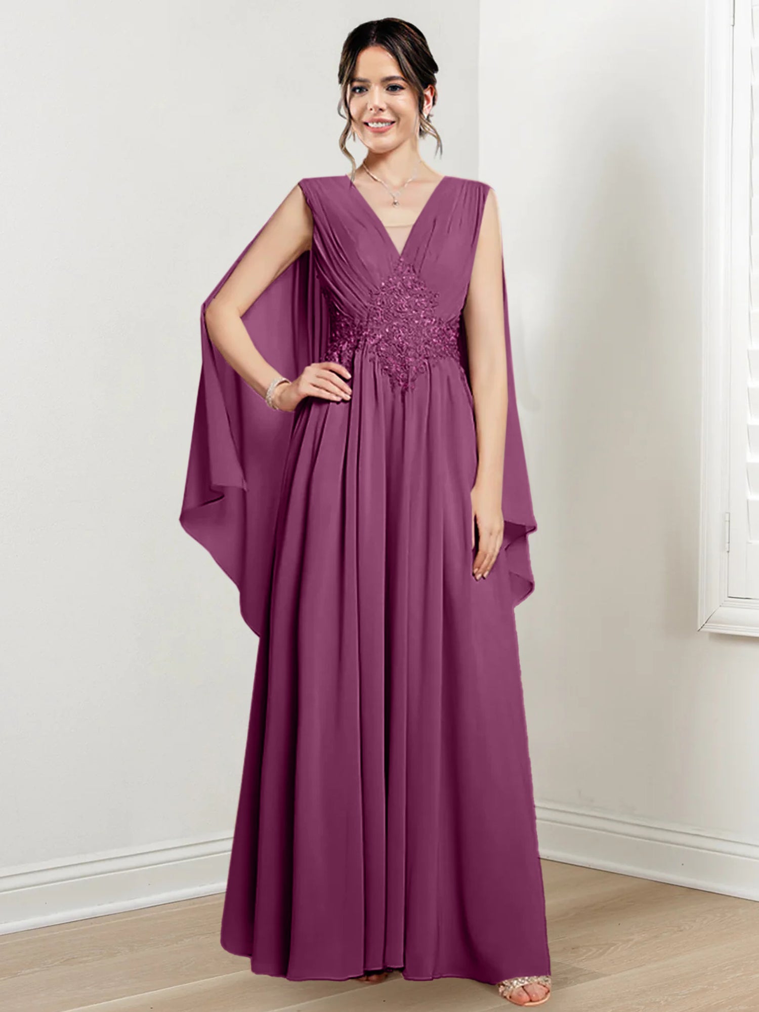 V-Neck A-Line Princess Floor-Length Dresses for the Mother of the Bride-27prom