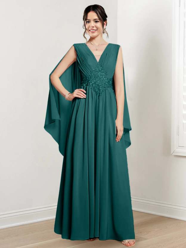 V-Neck A-Line Princess Floor-Length Dresses for the Mother of the Bride-27prom