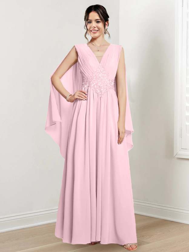 V-Neck A-Line Princess Floor-Length Dresses for the Mother of the Bride-27prom