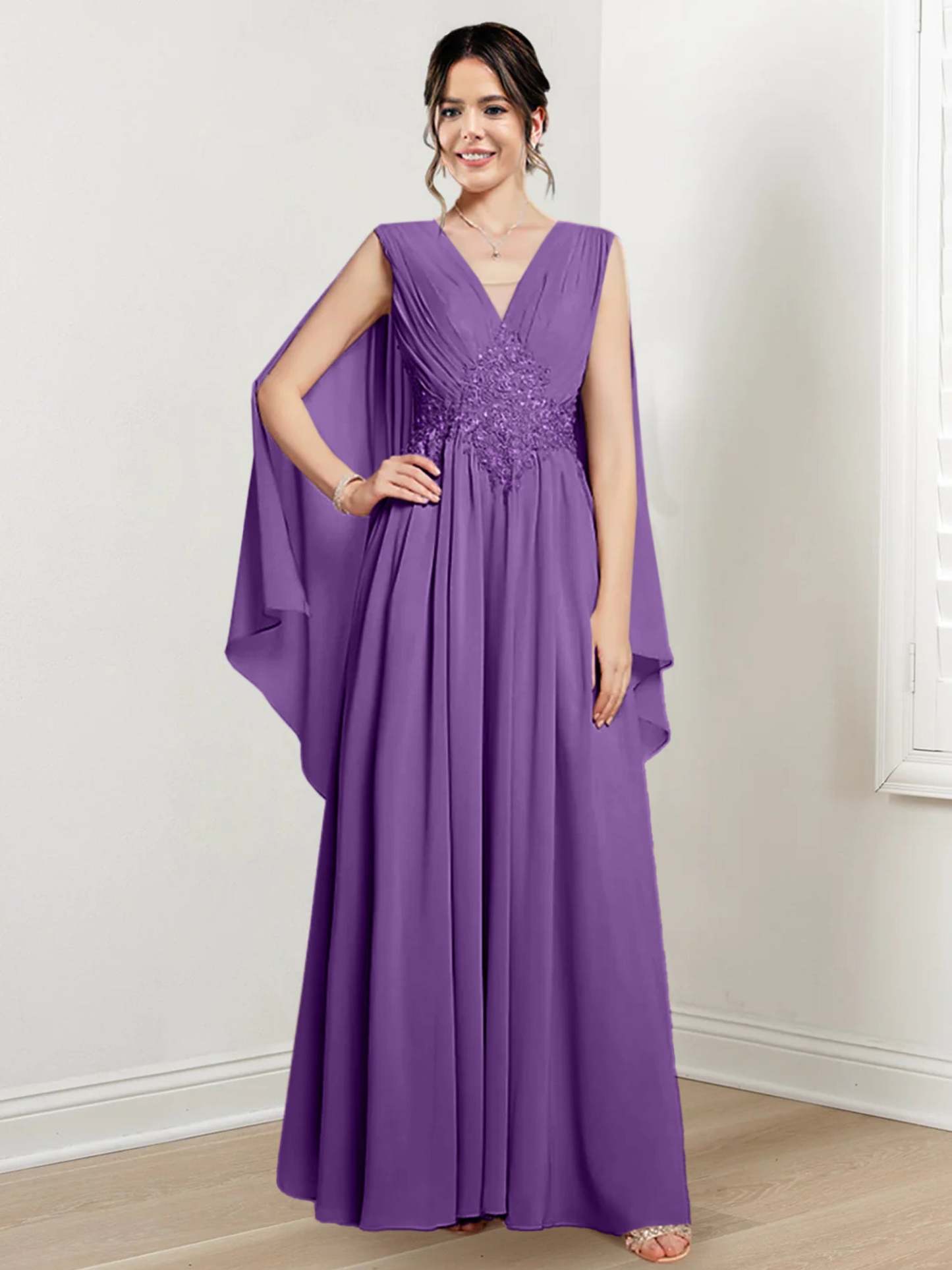 V-Neck A-Line Princess Floor-Length Dresses for the Mother of the Bride-27prom
