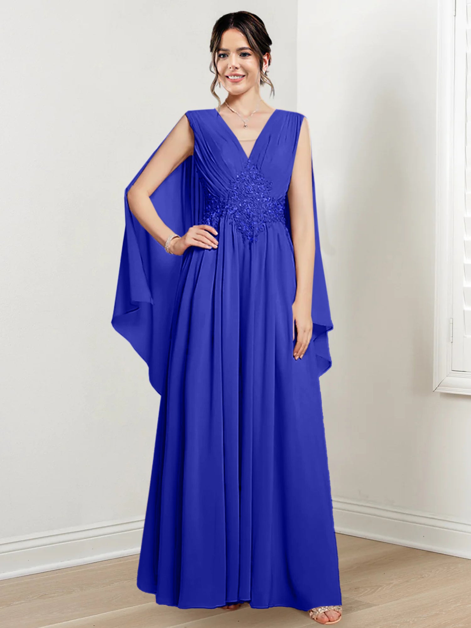 V-Neck A-Line Princess Floor-Length Dresses for the Mother of the Bride-27prom
