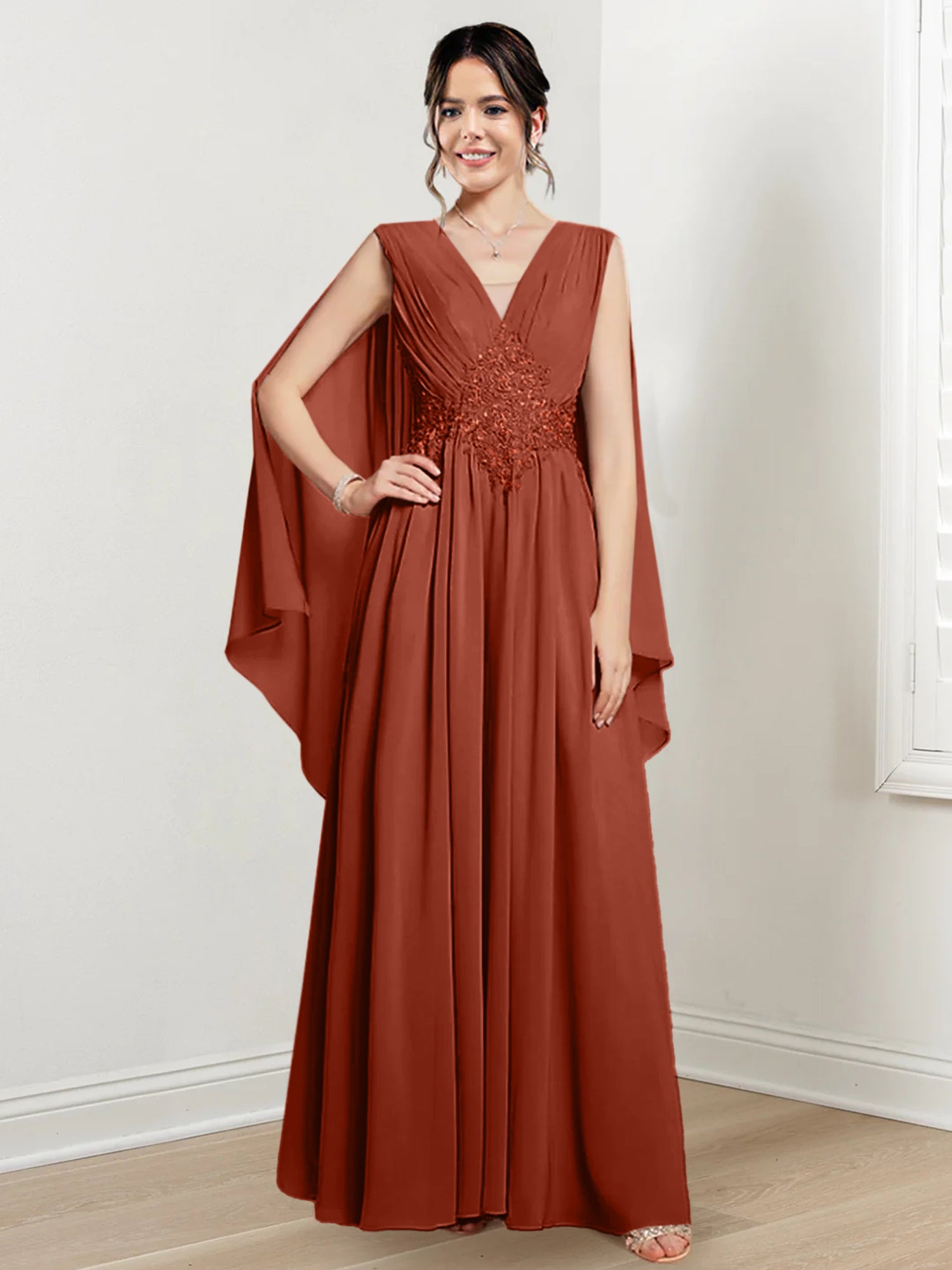 V-Neck A-Line Princess Floor-Length Dresses for the Mother of the Bride-27prom