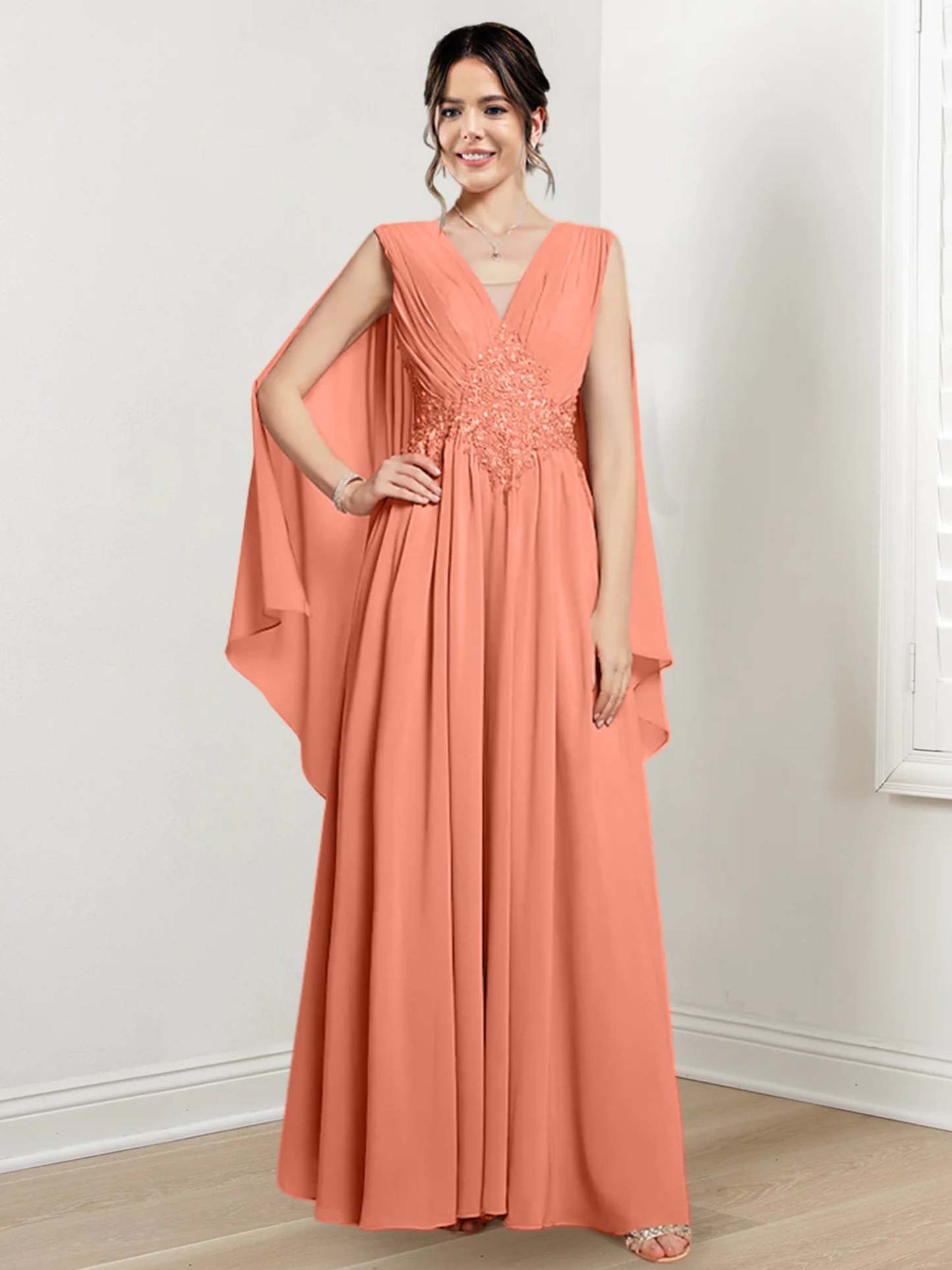 V-Neck A-Line Princess Floor-Length Dresses for the Mother of the Bride-27prom