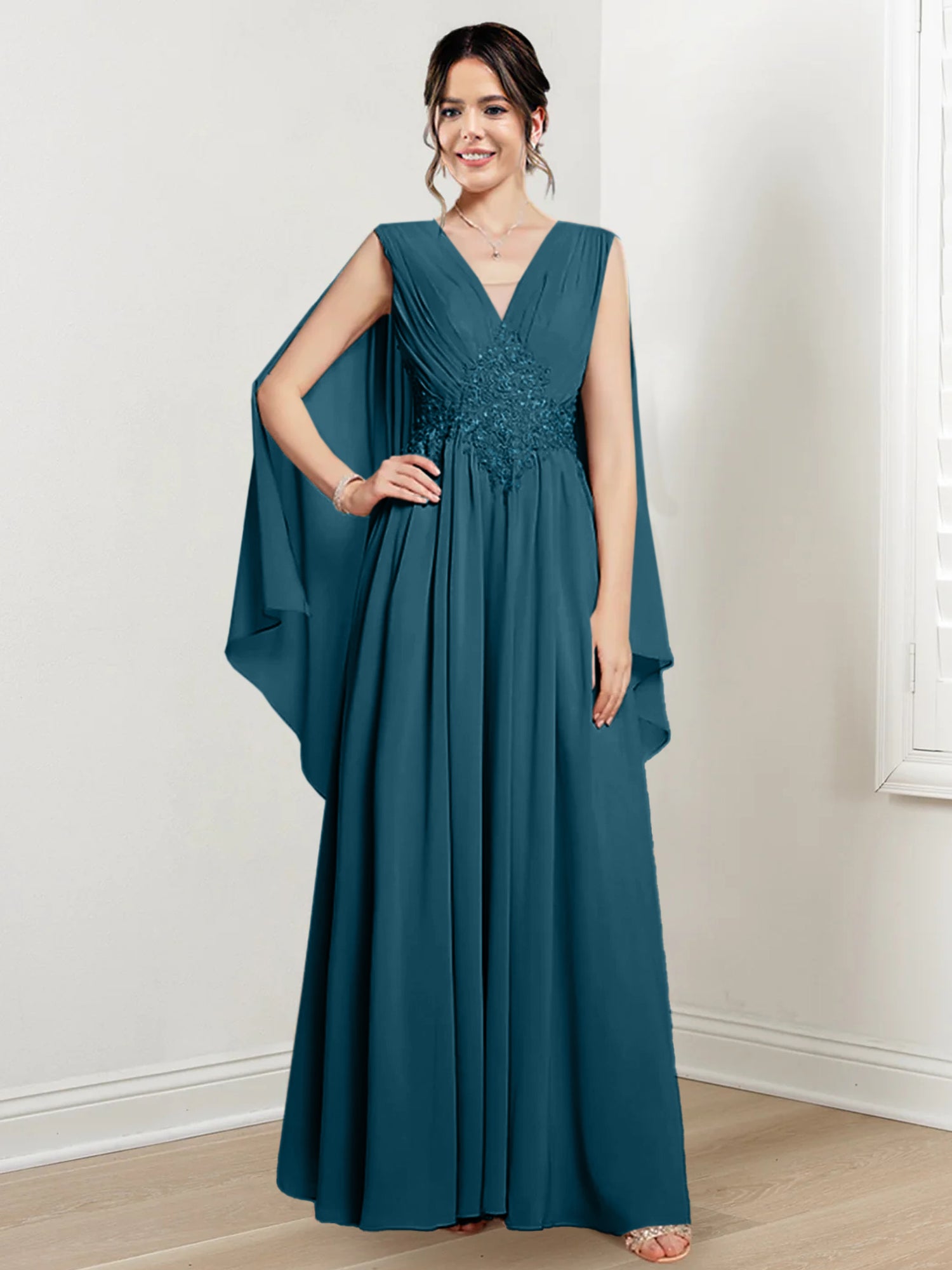 V-Neck A-Line Princess Floor-Length Dresses for the Mother of the Bride-27prom