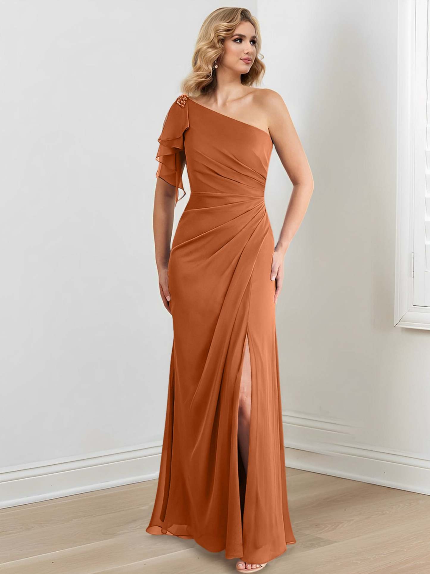 One-Shoulder Floor-Length Sheath/Column Gown for the Mother of the Bride-27prom