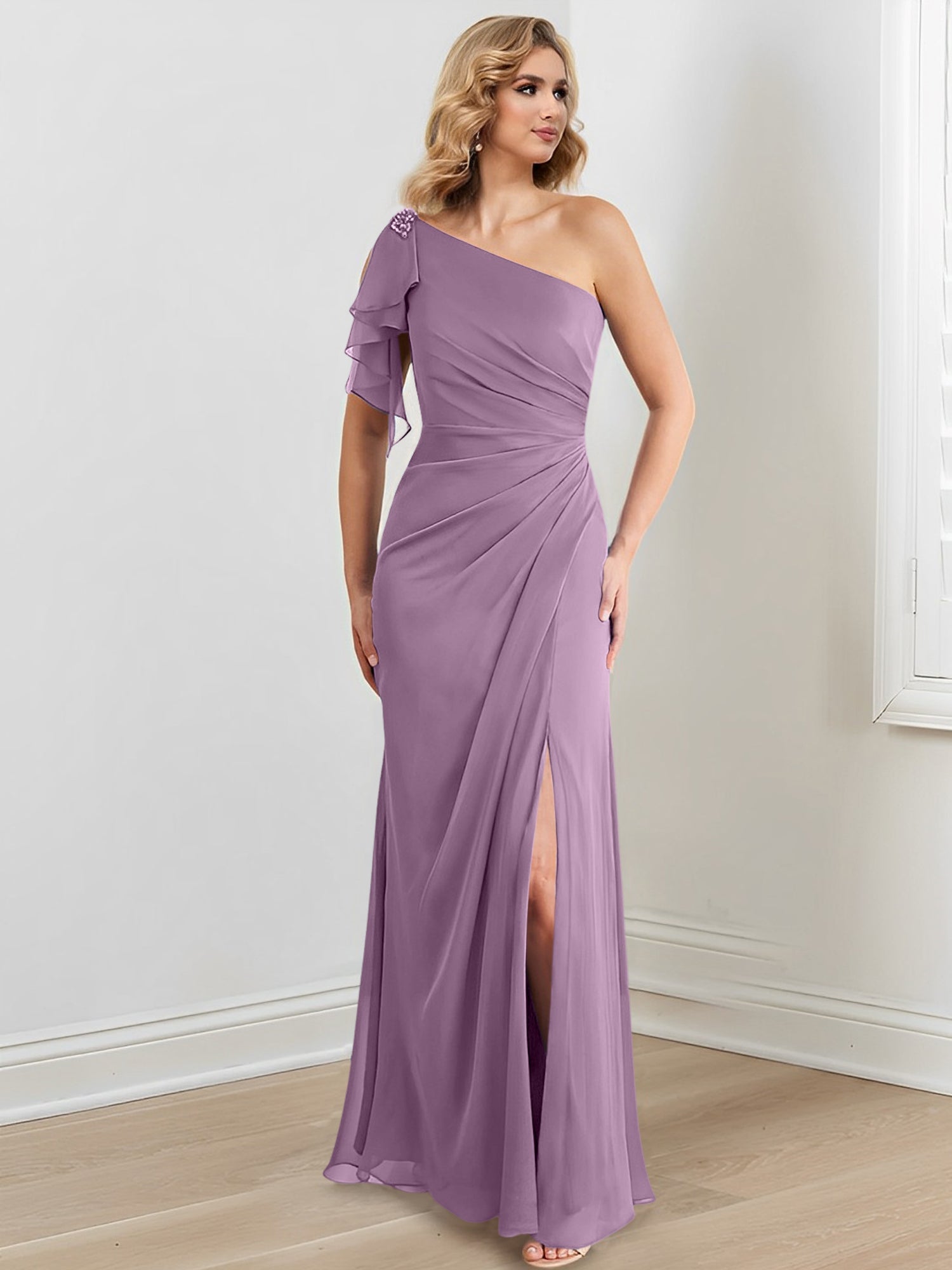 One-Shoulder Floor-Length Sheath/Column Gown for the Mother of the Bride-27prom