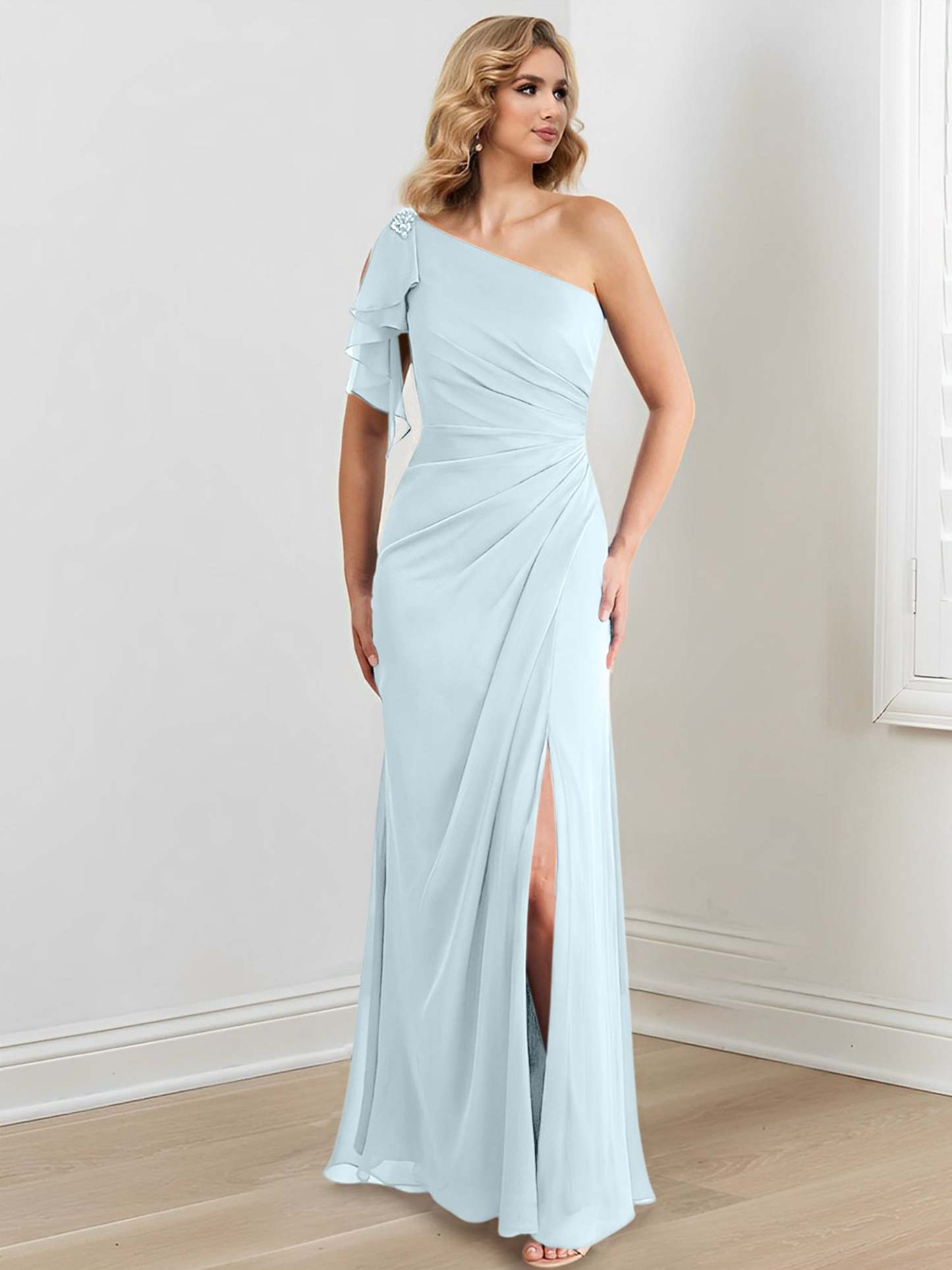 One-Shoulder Floor-Length Sheath/Column Gown for the Mother of the Bride-27prom
