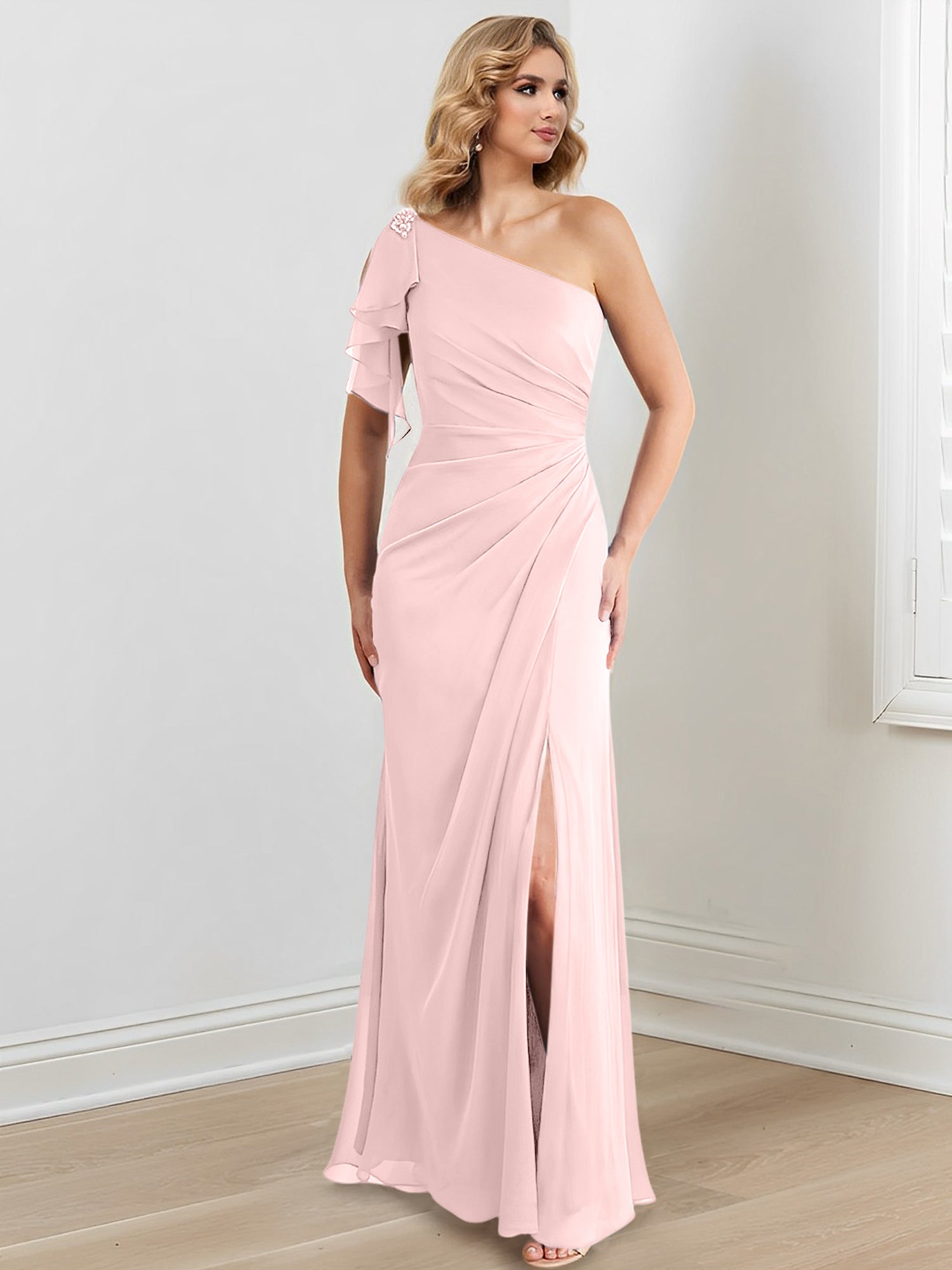 One-Shoulder Floor-Length Sheath/Column Gown for the Mother of the Bride-27prom