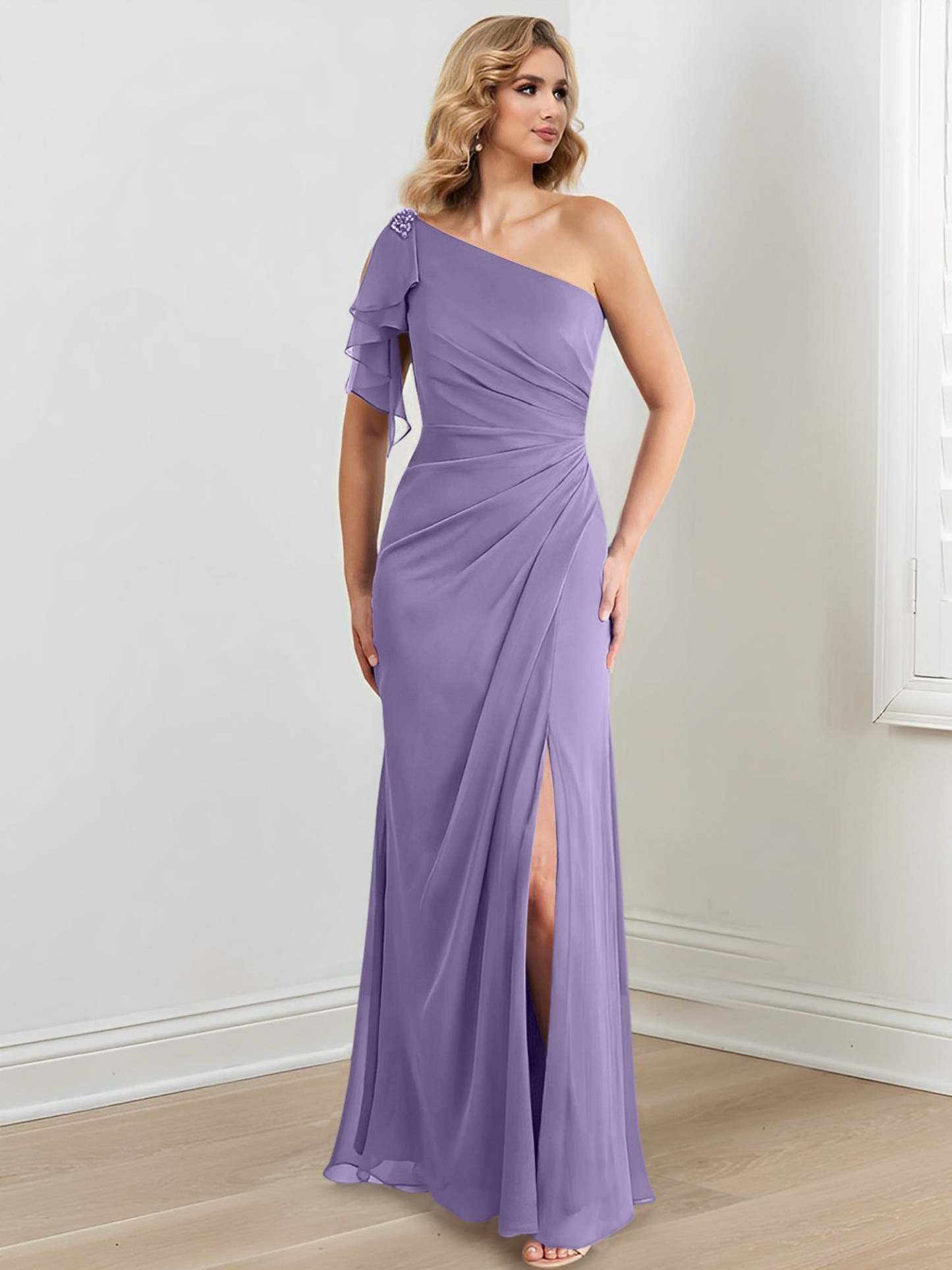 One-Shoulder Floor-Length Sheath/Column Gown for the Mother of the Bride-27prom