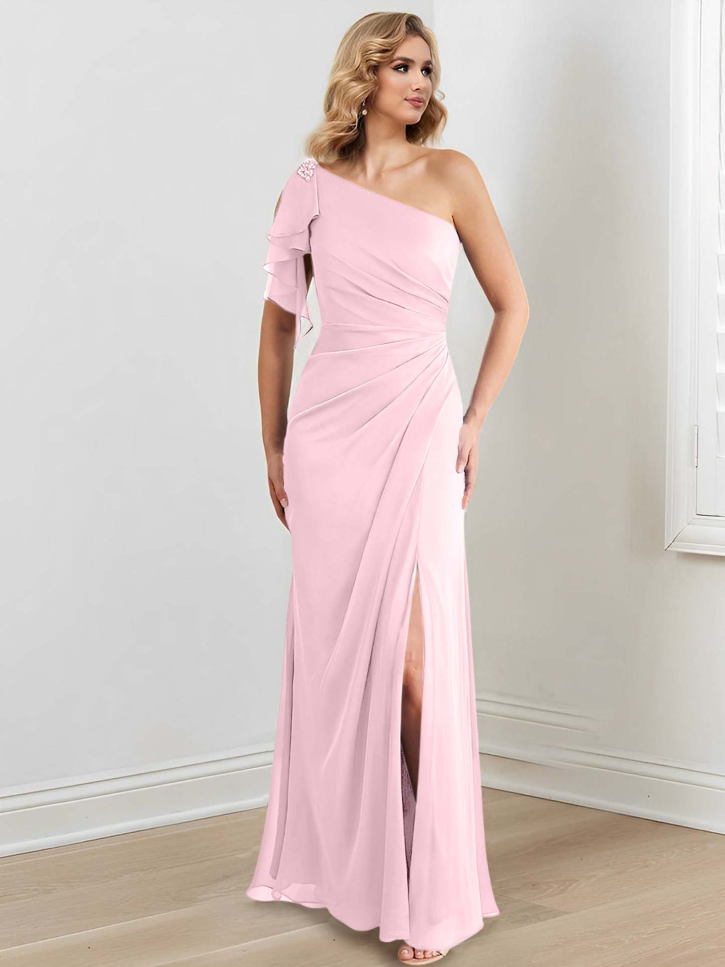 One-Shoulder Floor-Length Sheath/Column Gown for the Mother of the Bride-27prom