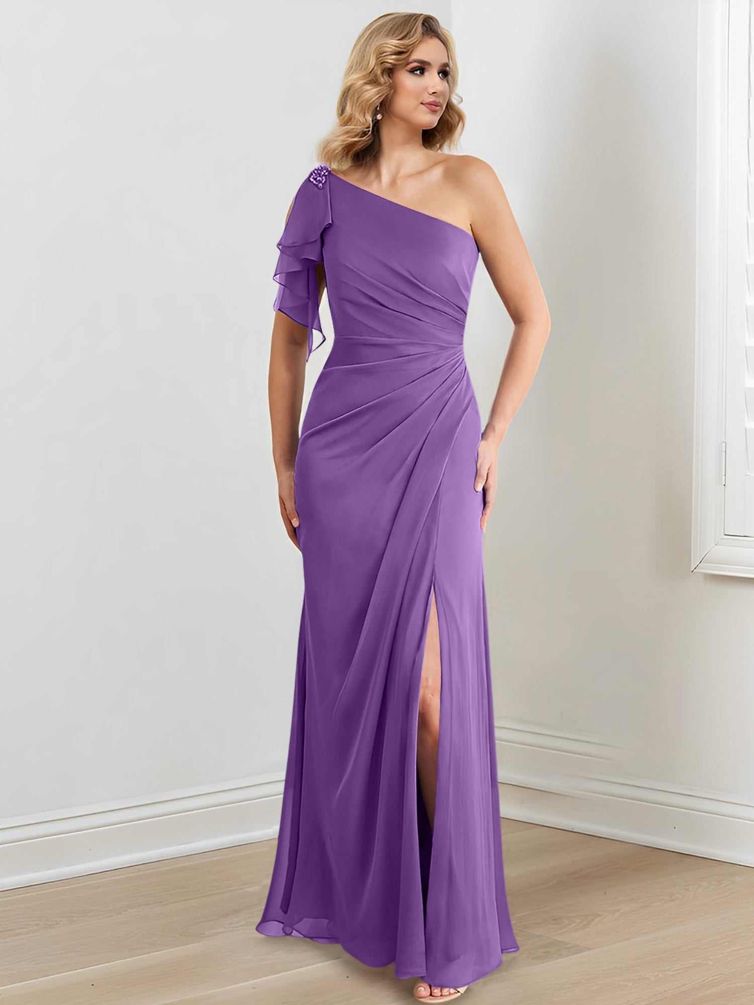 One-Shoulder Floor-Length Sheath/Column Gown for the Mother of the Bride-27prom