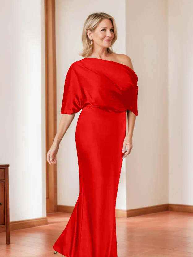 Elegant Plus Size Mother of the Bride One-Shoulder Sheath Dress with 1/2 Sleeves-27prom