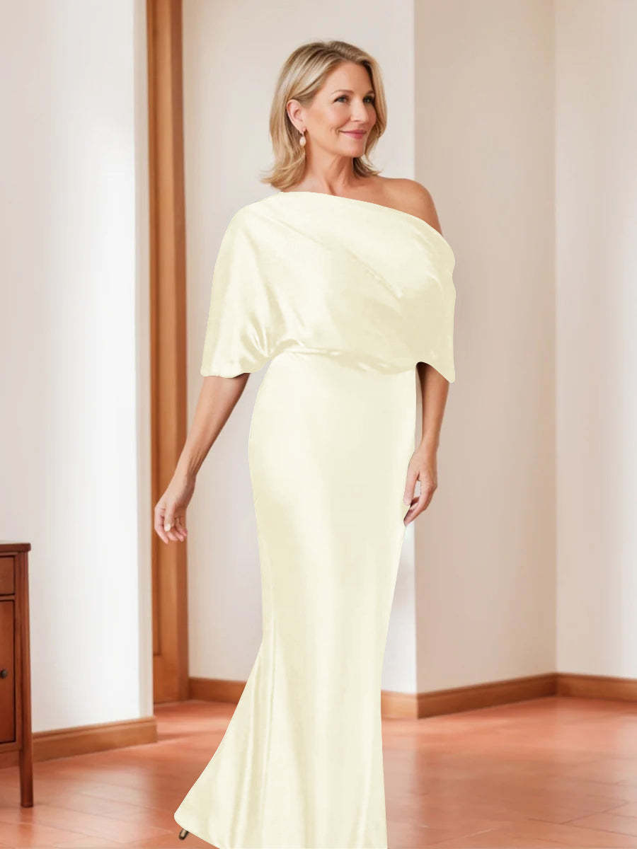 Elegant Plus Size Mother of the Bride One-Shoulder Sheath Dress with 1/2 Sleeves-27prom