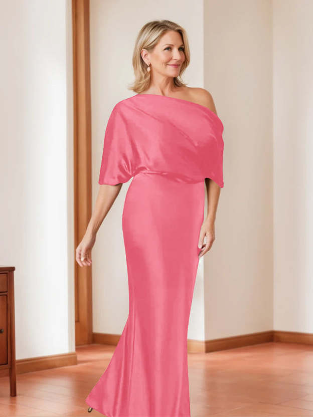 Elegant Plus Size Mother of the Bride One-Shoulder Sheath Dress with 1/2 Sleeves-27prom
