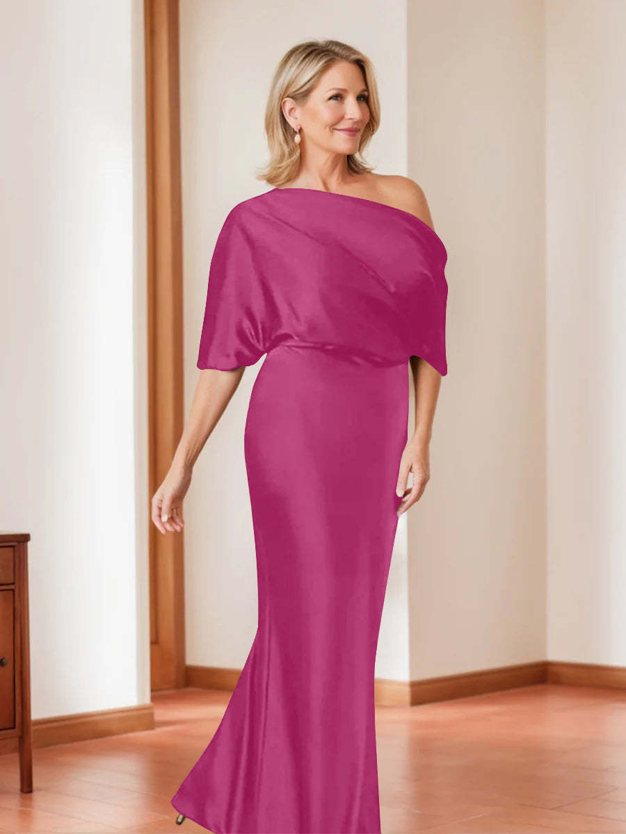 Elegant Plus Size Mother of the Bride One-Shoulder Sheath Dress with 1/2 Sleeves-27prom