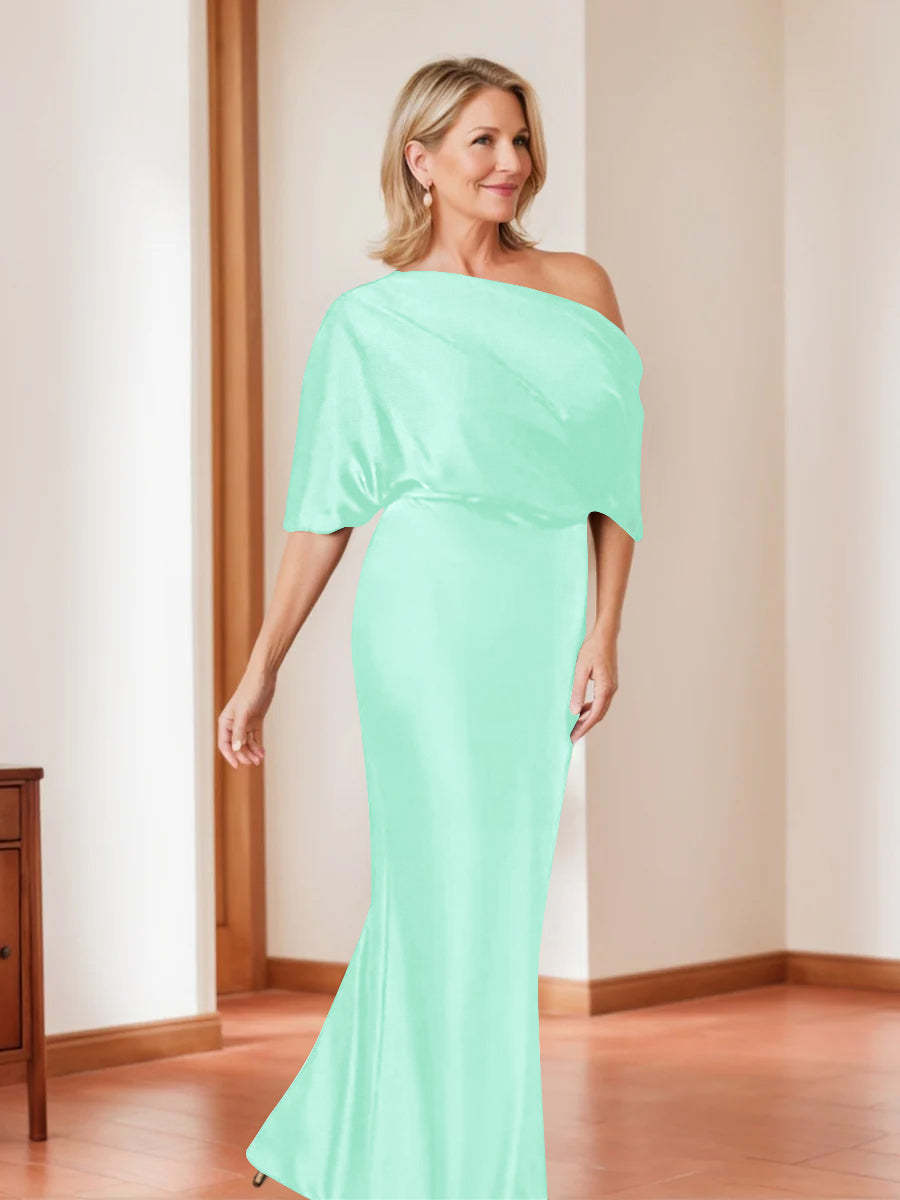 Elegant Plus Size Mother of the Bride One-Shoulder Sheath Dress with 1/2 Sleeves-27prom