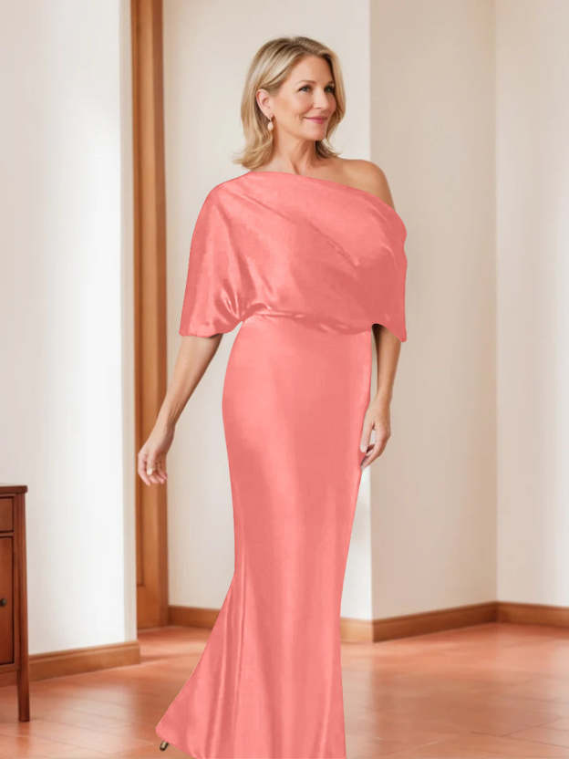 Elegant Plus Size Mother of the Bride One-Shoulder Sheath Dress with 1/2 Sleeves-27prom