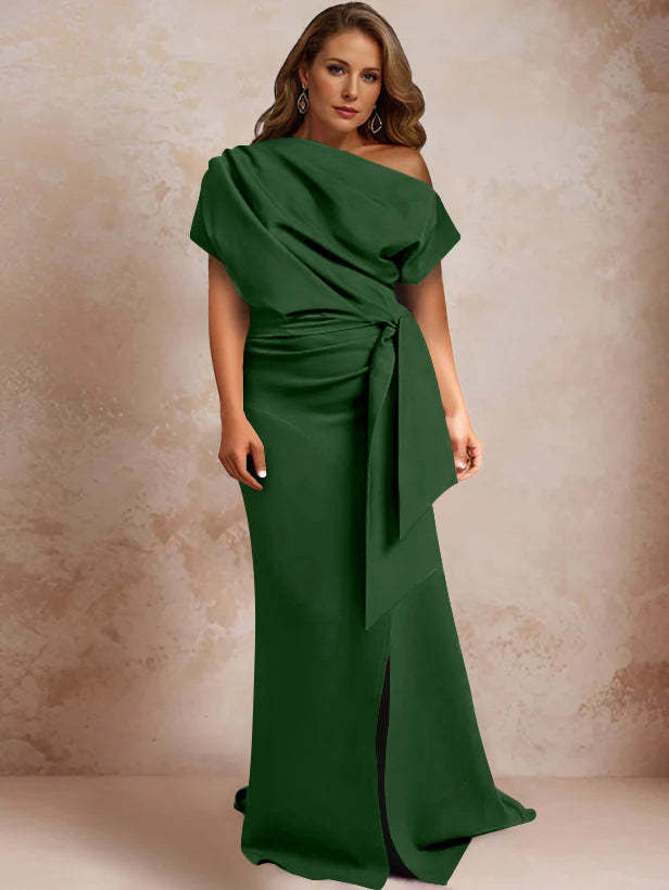 One-Shoulder Mermaid Trumpet Gown with Ruffles and Side Split for Plus-Size Mothers of the Bride