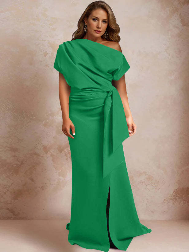 One-Shoulder Mermaid Trumpet Gown with Ruffles and Side Split for Plus-Size Mothers of the Bride