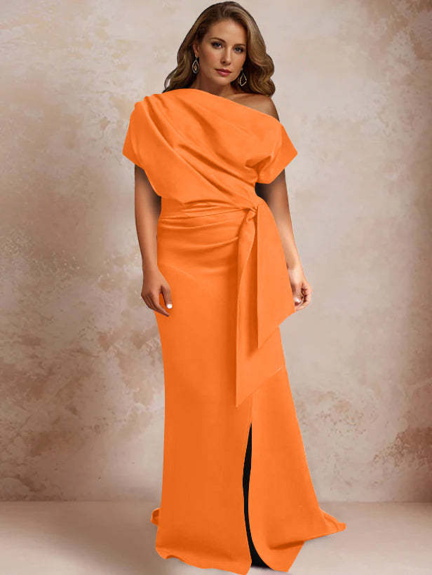 One-Shoulder Mermaid Trumpet Gown with Ruffles and Side Split for Plus-Size Mothers of the Bride
