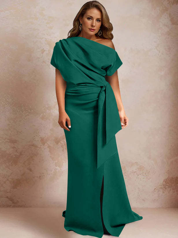 One-Shoulder Mermaid Trumpet Gown with Ruffles and Side Split for Plus-Size Mothers of the Bride