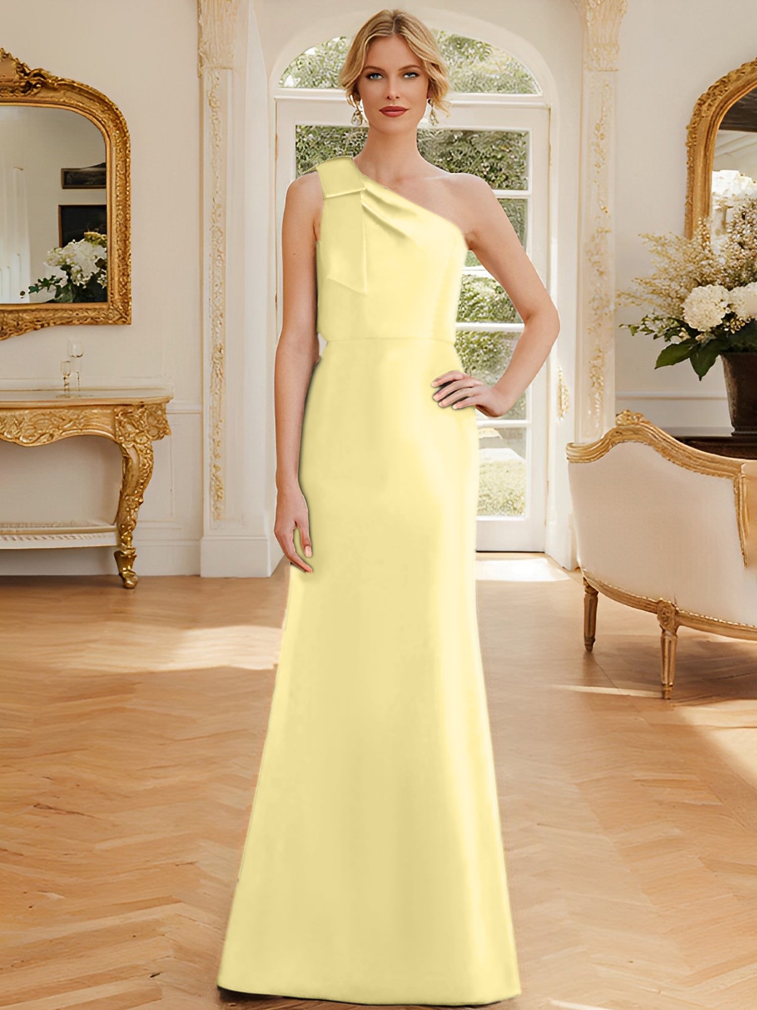 One-Shoulder Sleeveless Satin Mother of the Bride Dress with Bowknot Sheath/Column-27prom