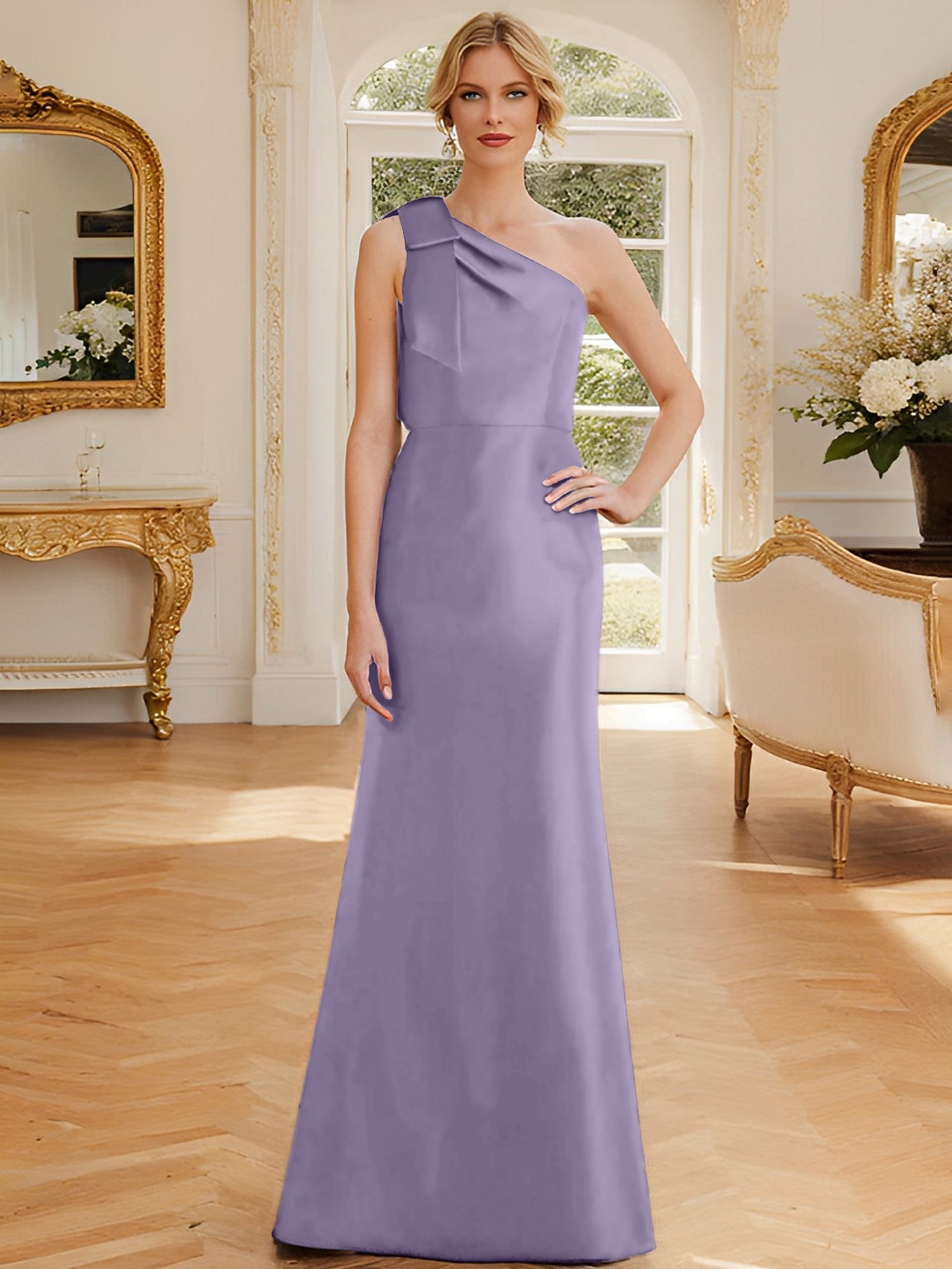 One-Shoulder Sleeveless Satin Mother of the Bride Dress with Bowknot Sheath/Column-27prom
