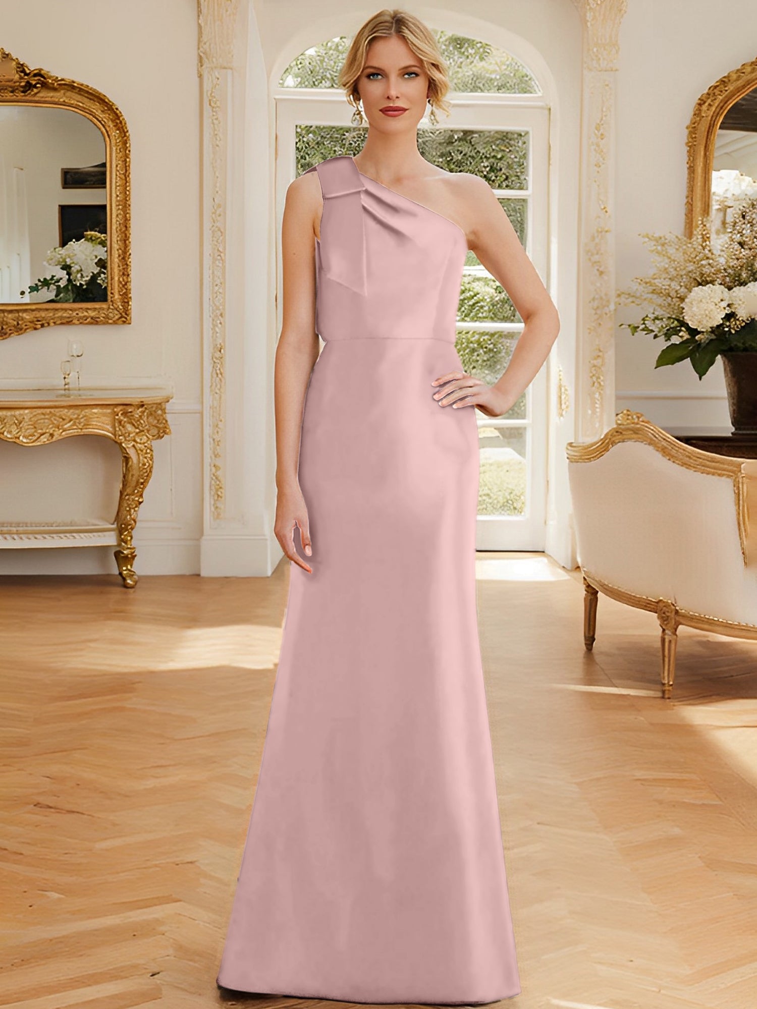 One-Shoulder Sleeveless Satin Mother of the Bride Dress with Bowknot Sheath/Column-27prom