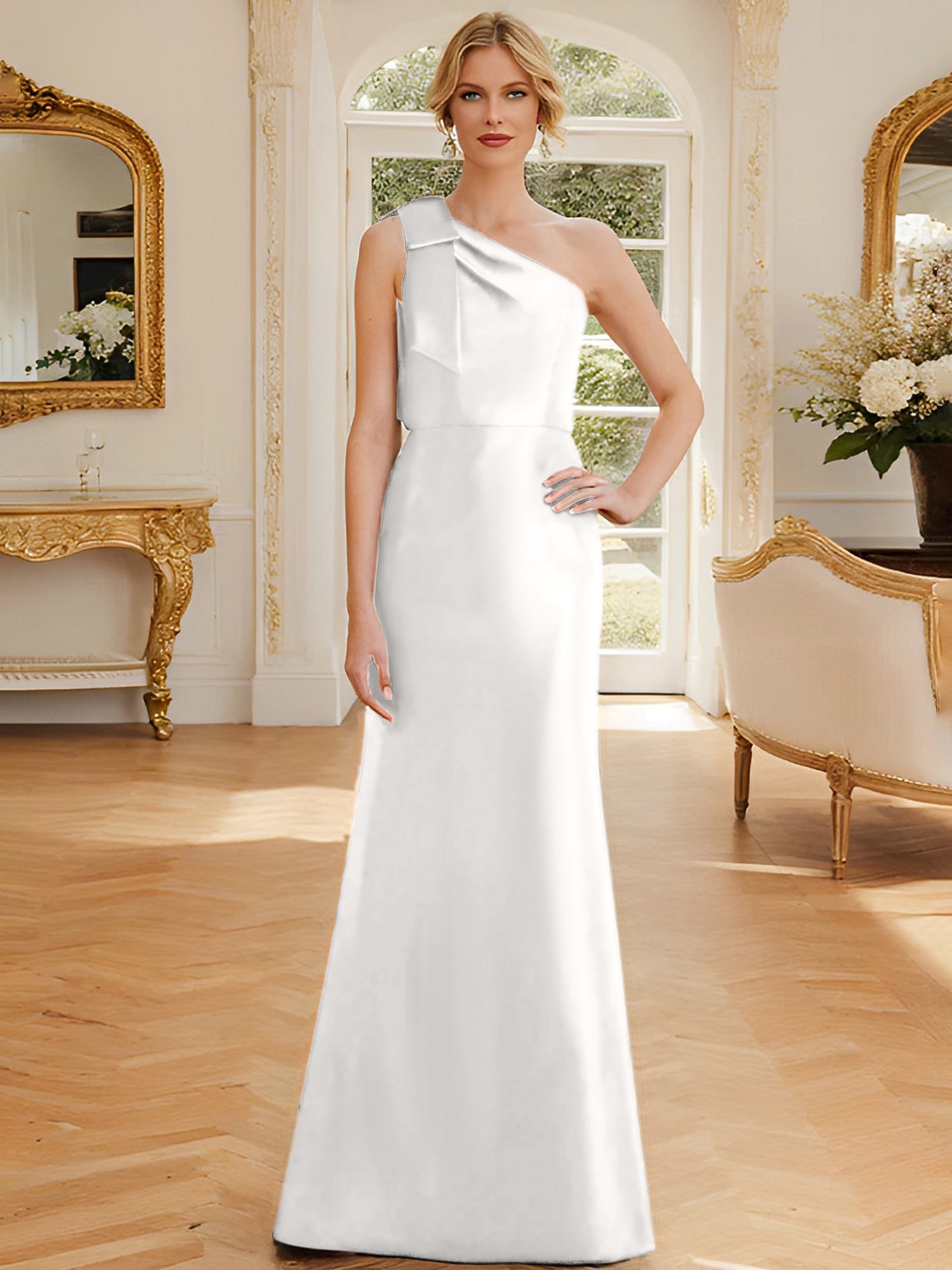 One-Shoulder Sleeveless Satin Mother of the Bride Dress with Bowknot Sheath/Column-27prom