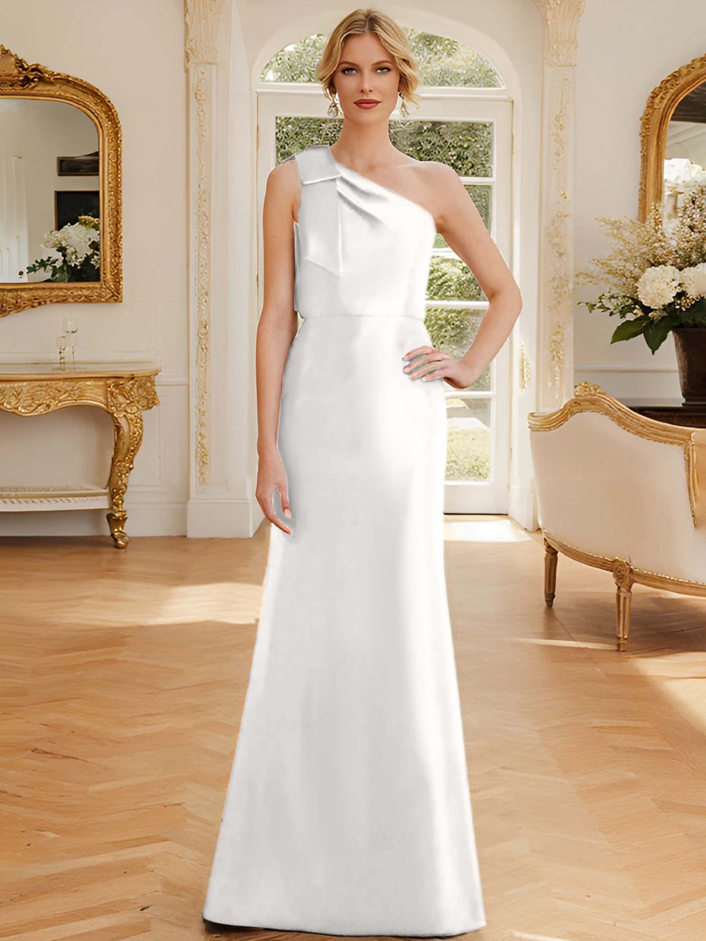One-Shoulder Sleeveless Satin Mother of the Bride Dress with Bowknot Sheath/Column-27prom