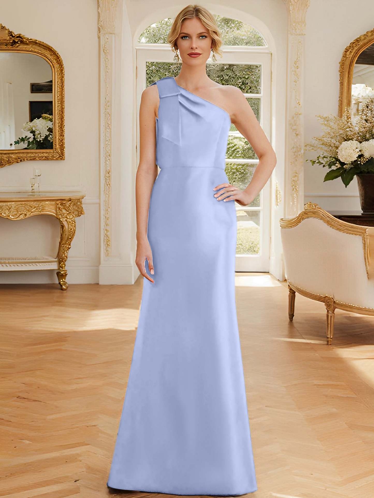 One-Shoulder Sleeveless Satin Mother of the Bride Dress with Bowknot Sheath/Column-27prom