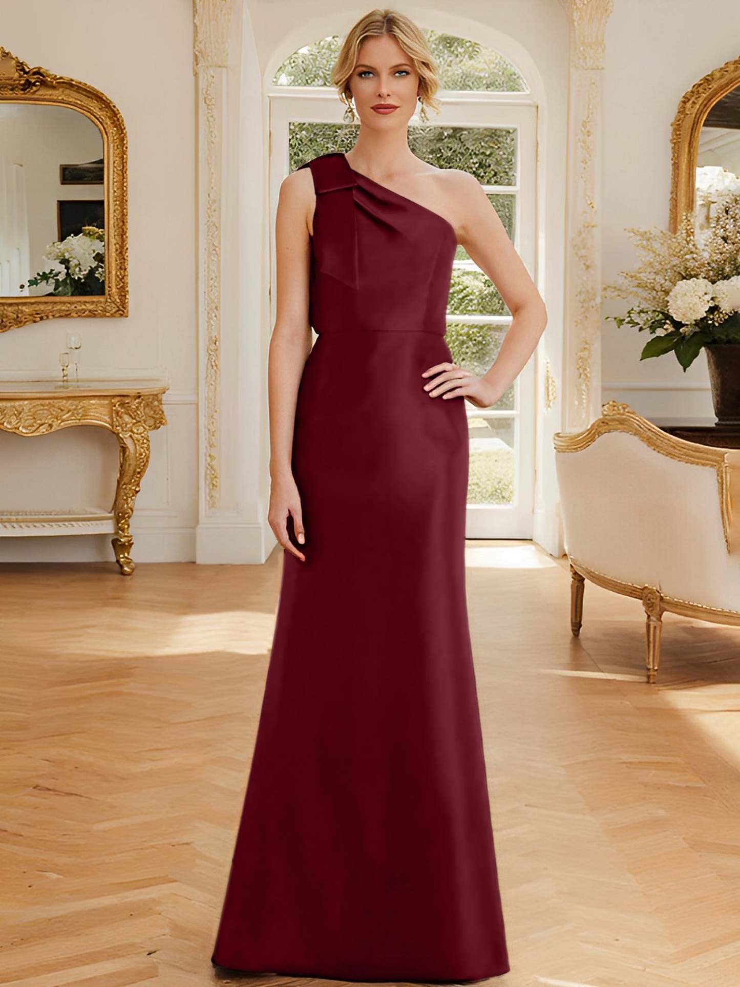 One-Shoulder Sleeveless Satin Mother of the Bride Dress with Bowknot Sheath/Column-27prom