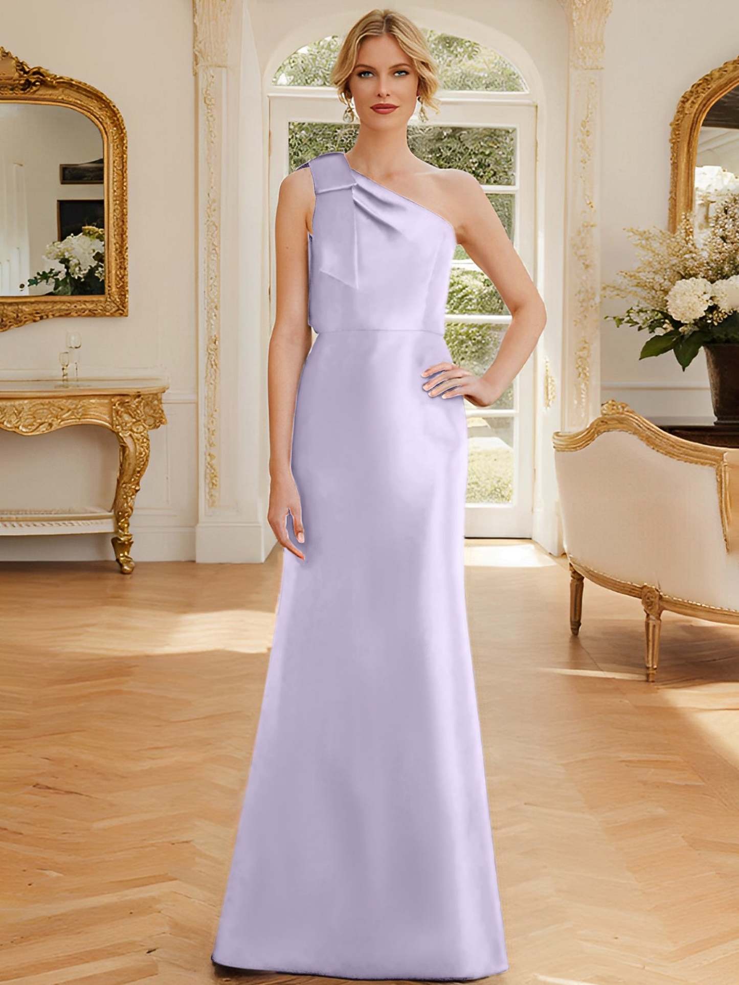 One-Shoulder Sleeveless Satin Mother of the Bride Dress with Bowknot Sheath/Column-27prom